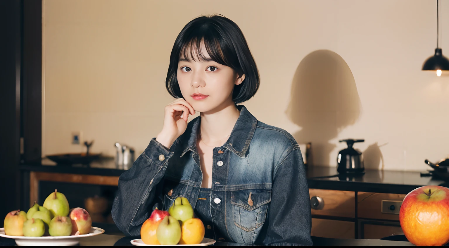 (Black Shorthair:1.2),  (a 20 yo woman), (A hyper-realistic), (Masterpiece), (8KUHD), Looking at the camera, jeans, (Clothes with fruit pattern), large full breasts, (Fruit in the hair), living dining