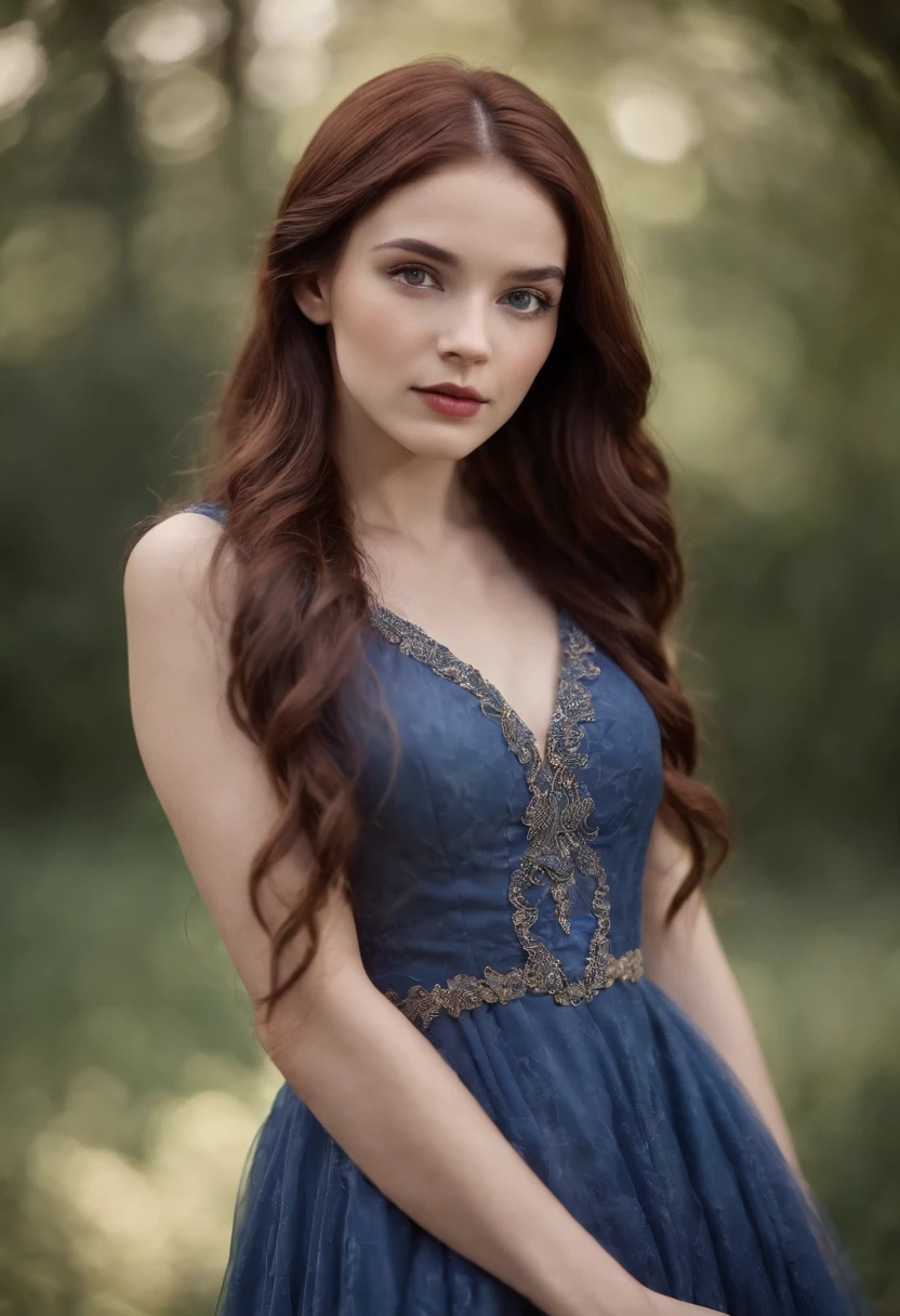 A six daughter with dark red hair and light brown eyes wearing a sodalite dress