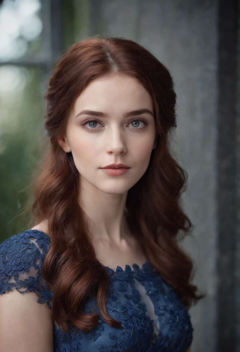 A six  with dark red hair and light brown eyes wearing a sodalite dress