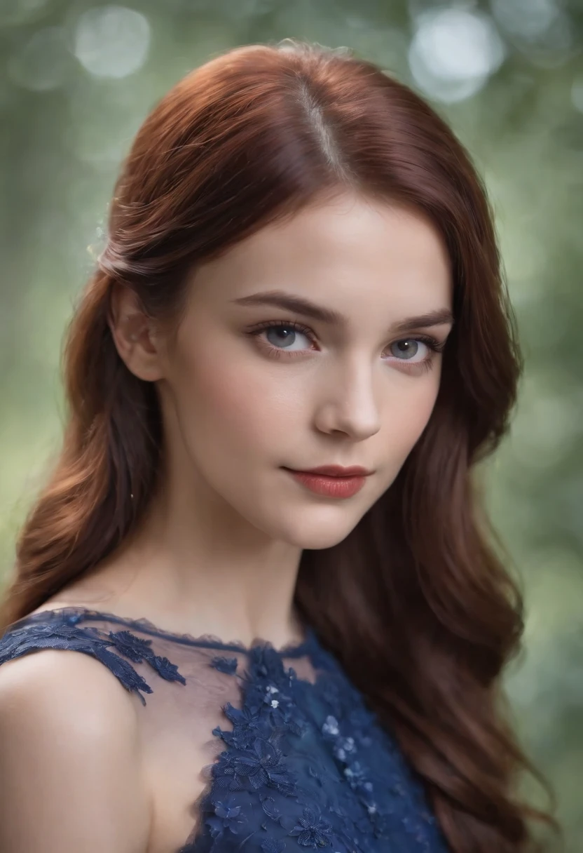 A six  with dark red hair and light brown eyes wearing a sodalite dress