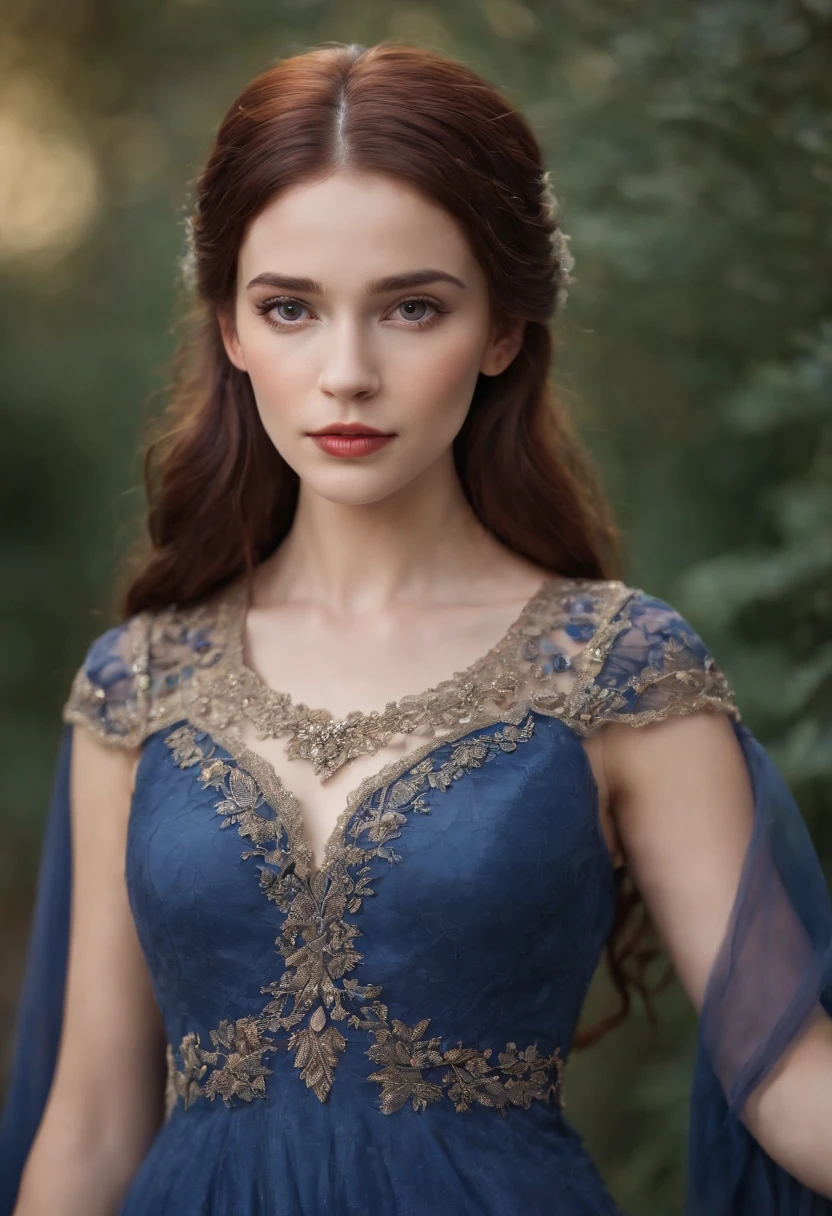 A six daughter with dark red hair and light brown eyes wearing a sodalite dress
