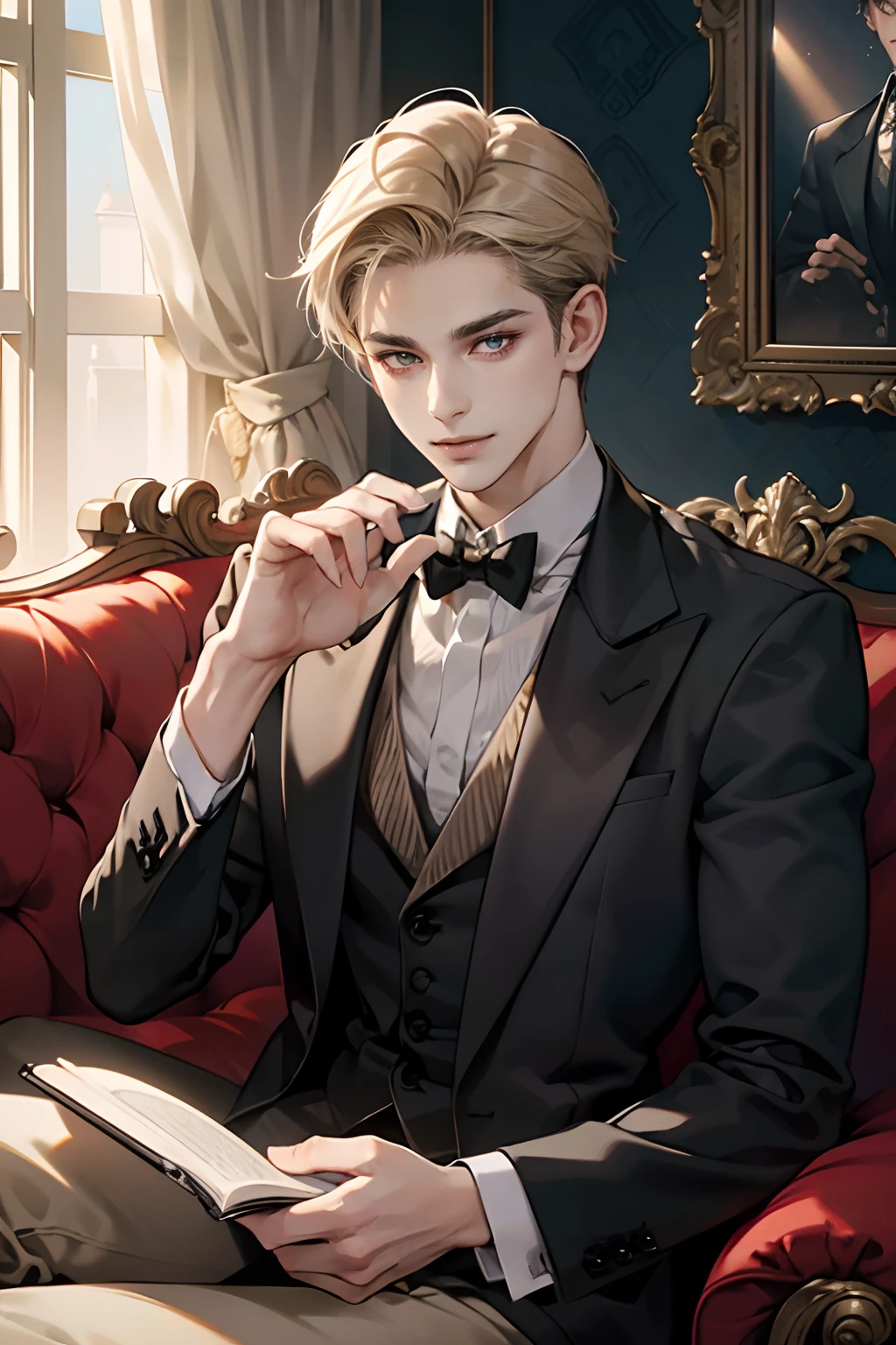 (tmasterpiece, high resolution,ultra - detailed:1.0),1 boy,Young male,eye looking to camera,Perfect male body, Extremely detailed CG,Unity 8k wallpaper,Complicated details, solo person, (short beige hair, Forehead exposed, Black 3-piece-suit, Sit on the sofa), (Evil smile),(Mafia),Luxurious living room,Gothic style,Dark night,color difference, Depth of field,dramatic shadow, Ray tracing, Best quality, Cinematic lighting,offcial art,half-body portrait
