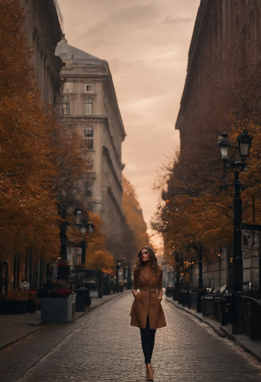 (Masterpiece, Best quality), beautiful woman, Detailed top with sleeveless turtleneck, pantalon, collier, curly hair, visage parfait, beau visage, Attirant, De grands yeux magnifiques, ouvrir bouche, content, Corps slim fit parfait, (outdoor), Rues de la ville, New York, couleurs vives