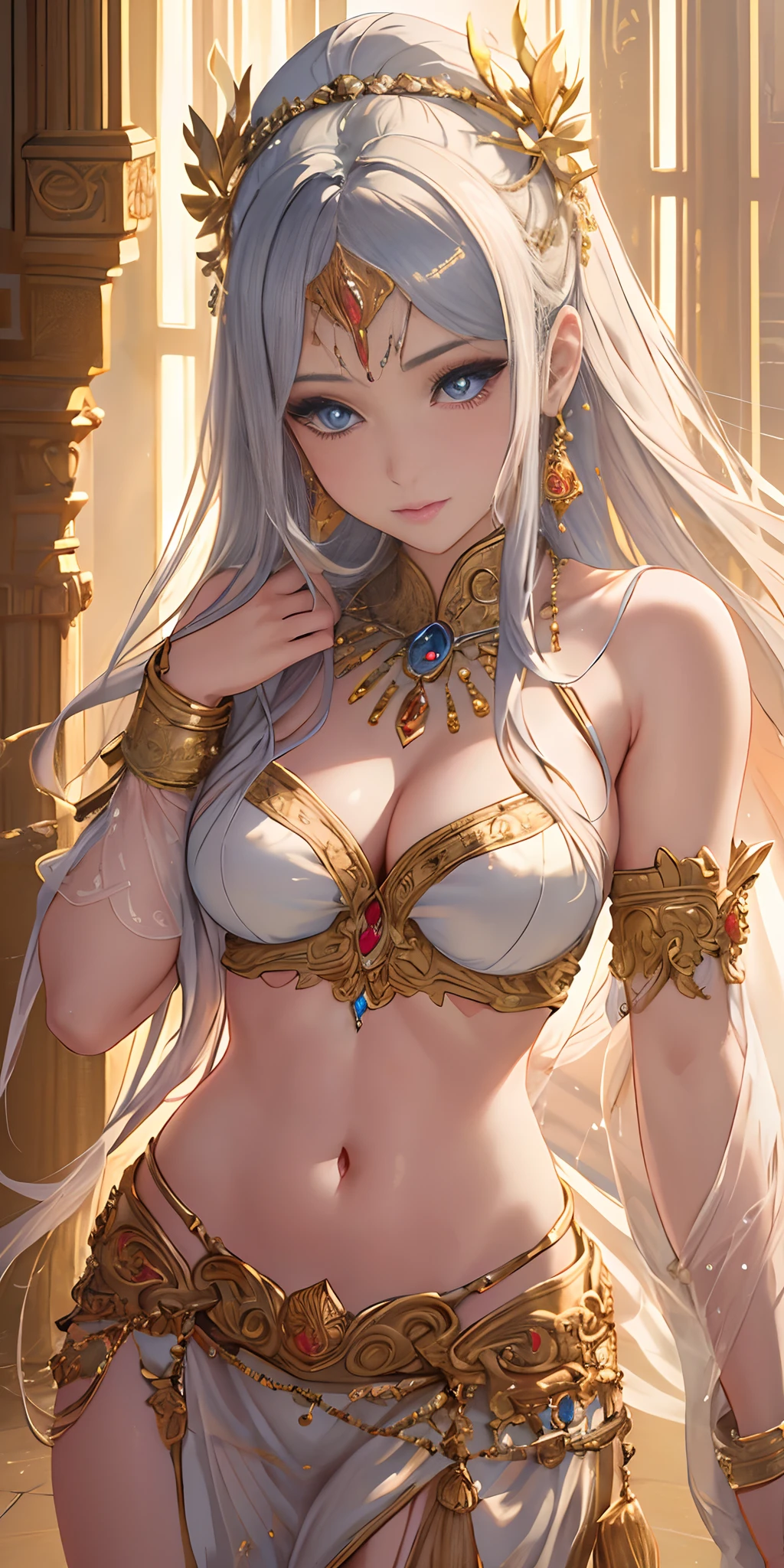 Skyland temple, (photorealistic:1.4), (masterpiece, front lighting, finely detailed beautiful eyes: 1.2), masterpiece*portrait, realistic, 3d face, glowing eyes, shiny hair, lustrous skin, solo, embarrassed, (midriff), absolute_cleavage, necklace, sapphire_earrings