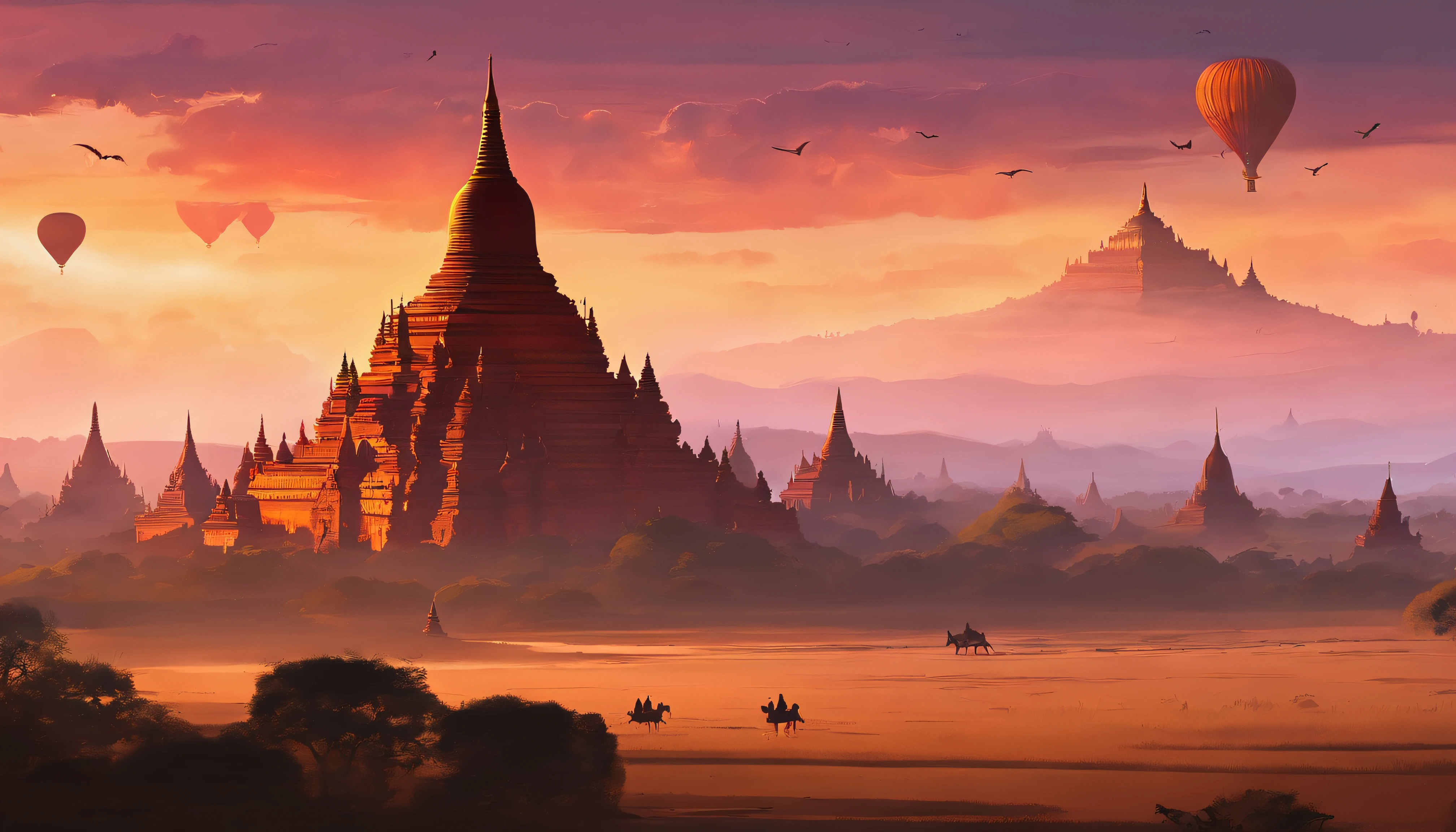 Bagan pagodas of Burma at sunset, best composition, masterpiece art work, long view,