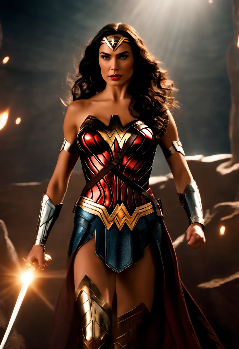 Scene from Movie, Wonder Woman from DC close-up, Distorted space, distorted undead in the background, lens flare glow, light shafts, Intricate details, high detal, voluminetric lighting, 4K rendering, stockphoto, Hyper-realistic, Realistic textures, Dramatic lighting, illusory engine,,Big chest