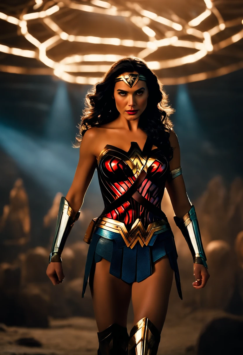 Scene from Movie, Wonder Woman from DC close-up, Distorted space, distorted undead in the background, lens flare glow, light shafts, Intricate details, high detal, voluminetric lighting, 4K rendering, stockphoto, Hyper-realistic, Realistic textures, Dramatic lighting, illusory engine，，Big chest