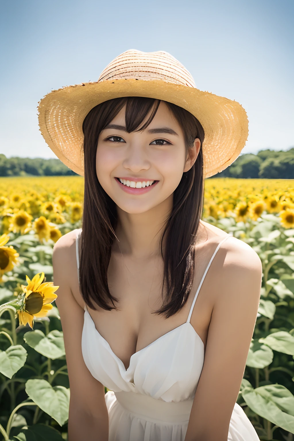 ((White Dress、a straw fedora hat、flower  field:1.2))、(realisitic、Photorealsitic、ultra-detailliert、Highest Details Skins、top-quality、​masterpiece、超A high resolution)、hotels room、sit on sofa、Realistic skin type、thighs thighs thighs thighs、simple background、Cute Japan person、17 age、younggirl、I have bangs、二重まぶた、drooing eyes、Cute smile、Charming、purity、double tooth、View here、The wind is blowing、summer sunlight、Sunflower field、