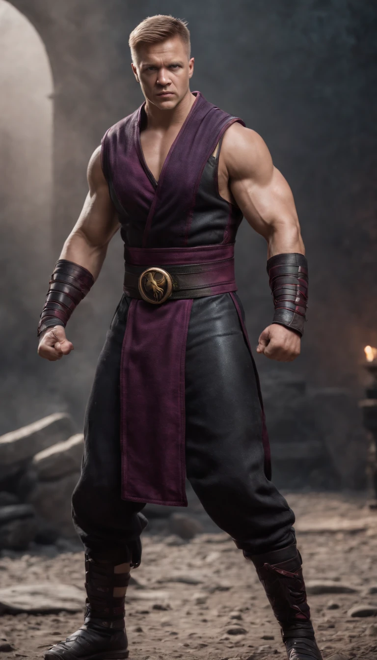 mortal kombat (Hawkeye marvel) character concept super strong, muscular, ABS, 35mm lens, photography, ultra details, HDR, UHD, 8K