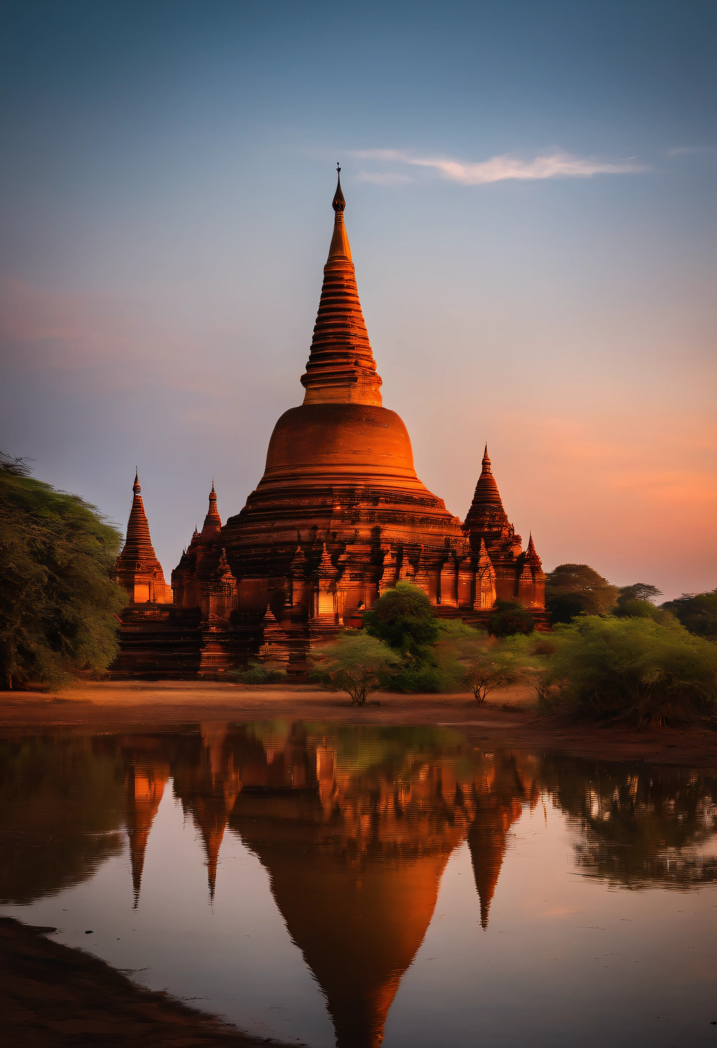 Bagan pagodas of Burma at sunset,