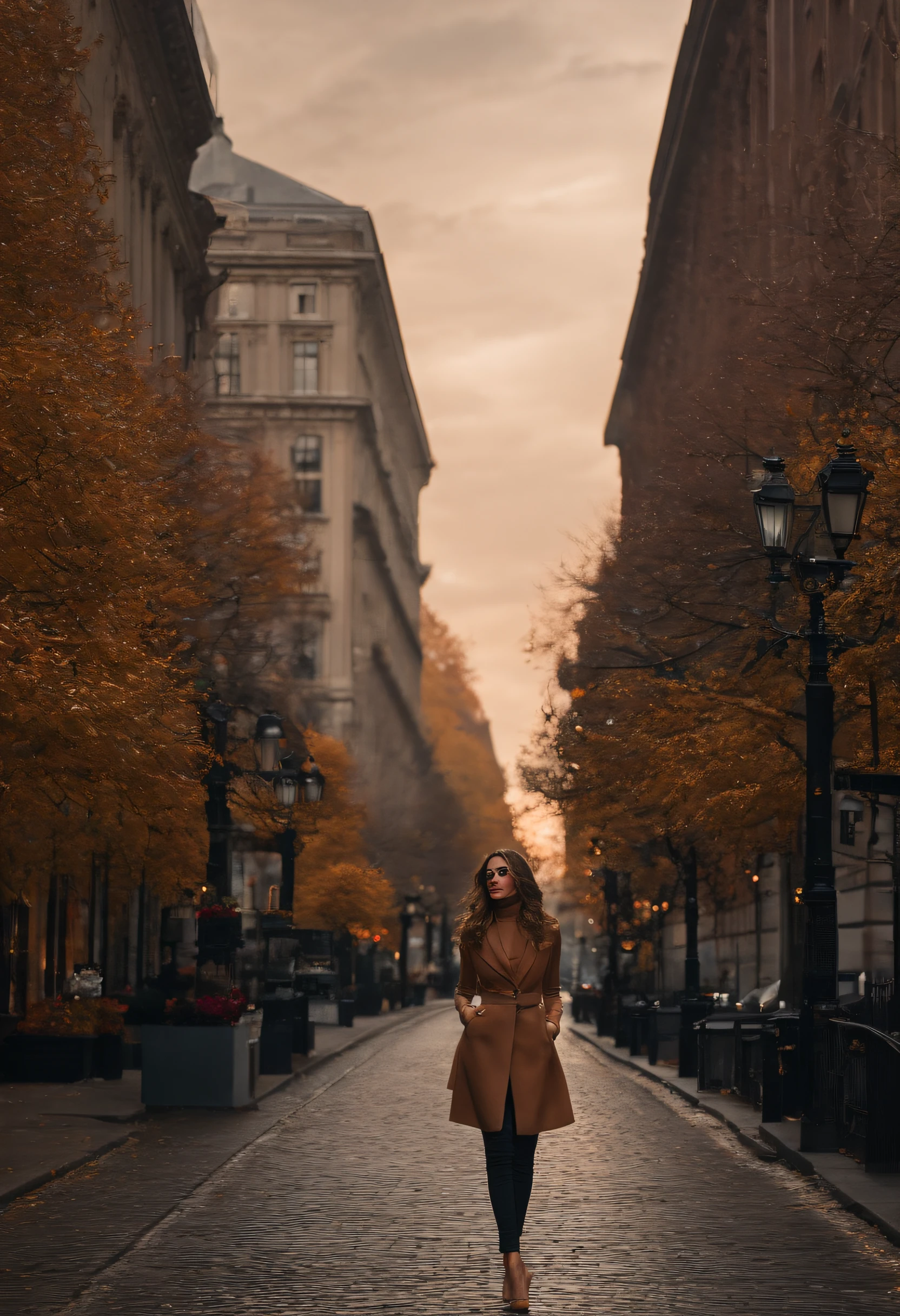 (Masterpiece, Best quality), beautiful woman, Detailed top with sleeveless turtleneck, pantalon, collier, curly hair, visage parfait, beau visage, Attirant, De grands yeux magnifiques, ouvrir bouche, content, Corps slim fit parfait, (outdoor), Rues de la ville, New York, couleurs vives