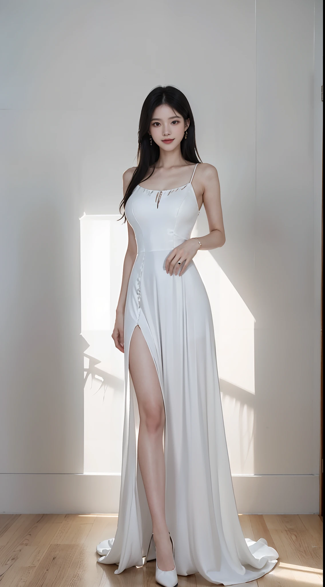 (Extra-long black hair hanging down her ankles: 1.3), （full body shot shot），（极其细致的CG 8k壁纸），（Extremely refined and beautiful），（Masterpiece），（best qualtiy：1.0），（超高分辨率：1.0），beautiful light up，Perfect lightning，realistic shaded，[A high resolution]，Smooth and flawless fair skin，Extremely delicate facial details，（Perfect body：1.1），ultra - detailed,1 beautiful girl，Small head,(huge-breasted:1.25)，Slim，Extremely tall, slender and sexy，Smile，cheerfulness，(Gorgeous white evening dress long dress:1.5),White gorgeous high heels，Super long legs，Slender legs,shoulder off,bare shoulders​,Machine whole body,Close-up Shot Shot,Cowboy shot,(Portrait above the chest:1.2),(photo booth:1.2),(Bright light:1.2),standing,Daytime scene, On the Great Wall