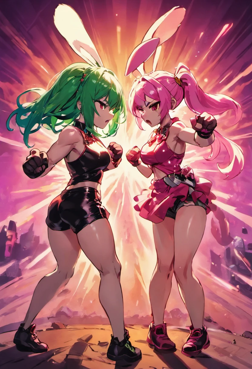 Pink rabbit girl and green hair girl,(Fighting stance,Face punch),Glaring at each other、angry,Facing each other，Sunset background、Rocky