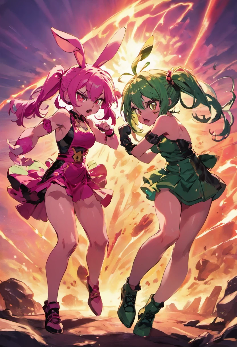 Pink rabbit girl and green hair girl,(Fighting stance,Face punch),Glaring at each other、angry,Facing each other,Sunset background、Rocky