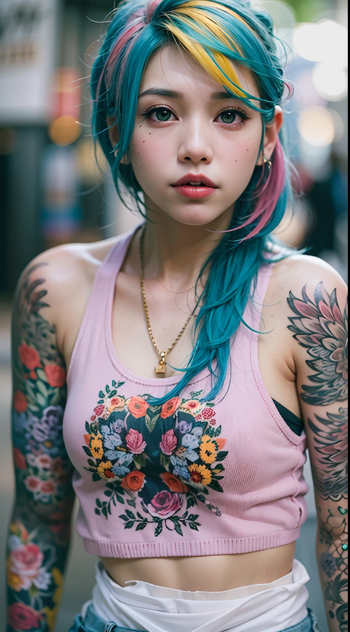 inner colored hair、The tattoo、piercings、Street fashion