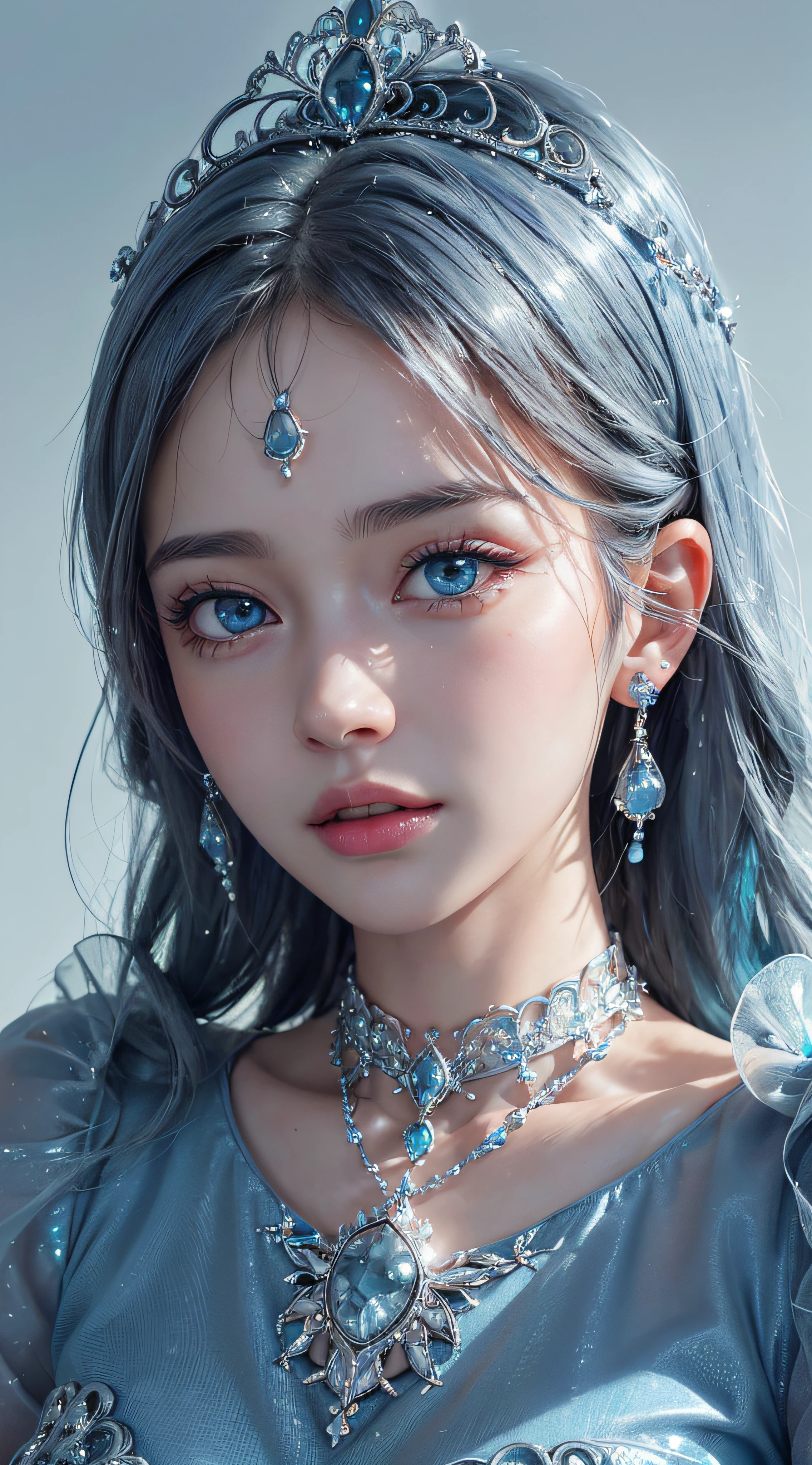 (8k, RAW photo, photorealistic)+ ,( lipgloss, eyelashes, gloss-face, glossy skin, best quality, ultra highres, A princess with bright blue eyes, symetrical face, jewellery, locket, earings, intricate details, 4K, 8k, hd
