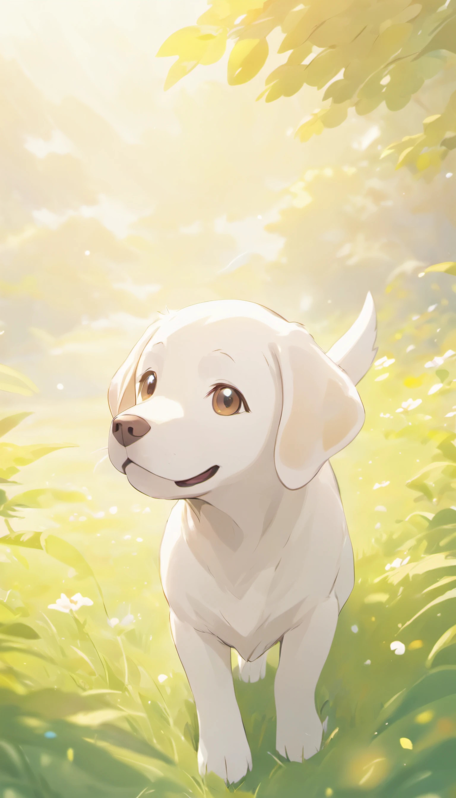 Ultra HD 3D、Shows a touching scene of a white Labrador retriever. White Labrador Hound, Beautiful rendering details. The overall atmosphere is calm, Full of hope and tranquility. White background,