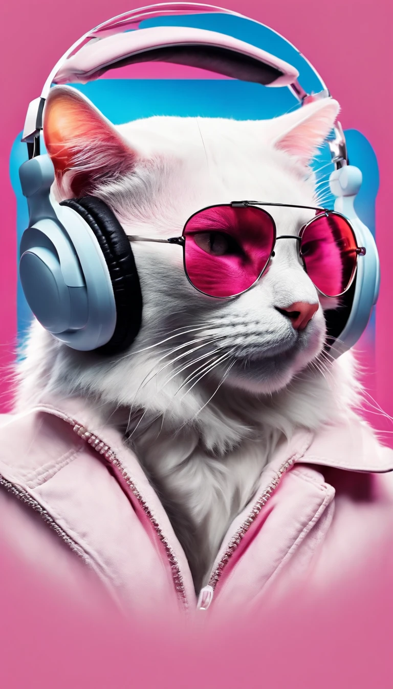cat head in sunglasses and headphones wearing white jacket listening to music against pink and blue background, detail, hight resolution