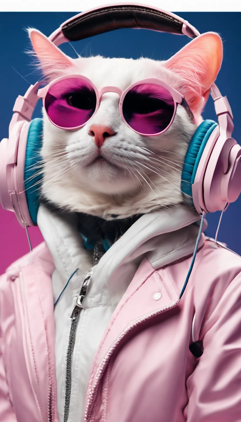 cat head in sunglasses and headphones wearing white jacket listening to music against pink and blue background, detail, hight resolution