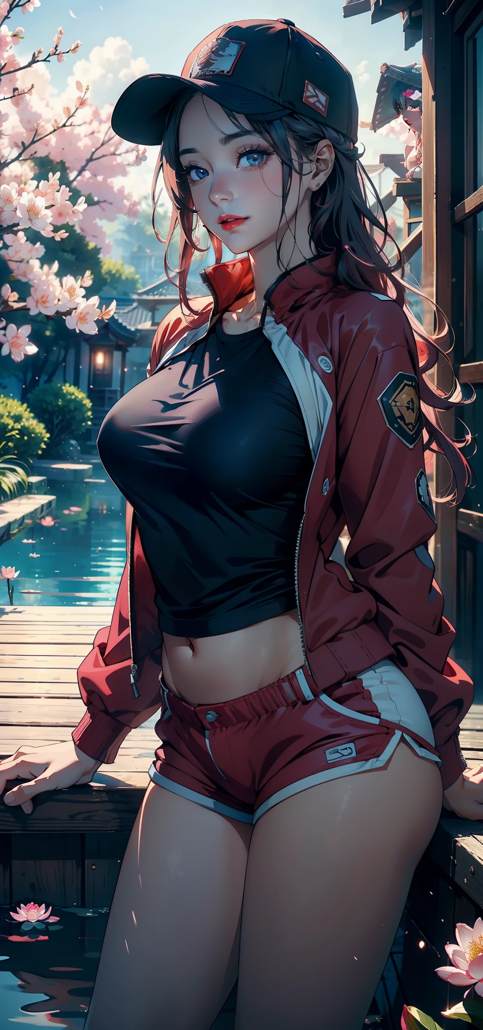 1female,35yo,plumw,extremely large bosom, 独奏,(Background with:ponds,Cherry blossom forest,lotus flower)Lie underwater, She has long pink hair,standing on your feet,seen from the front,, mostly cloudy sky,(((tmasterpiece),(Very detailed CG unity 8K wallpaper),best qualtiy,cinmatic lighting,detailed back ground,beatiful detailed eyes,Bright pupils,Black eyes,Snow-whiteskin,Redlip(Very fine and beautiful),(Beautiful and detailed eye description),ultra - detailed,tmasterpiece,))facing at camera,A high resolution,ultra - detailed),revealing breasts,Bare genitalia, Bulge,legs are open,Raised sexy,Camel toes,Flushed complexion,Desire for dissatisfaction,frontage,ssmile(Wearing:Red baseball jacket,Black jumpsuits)