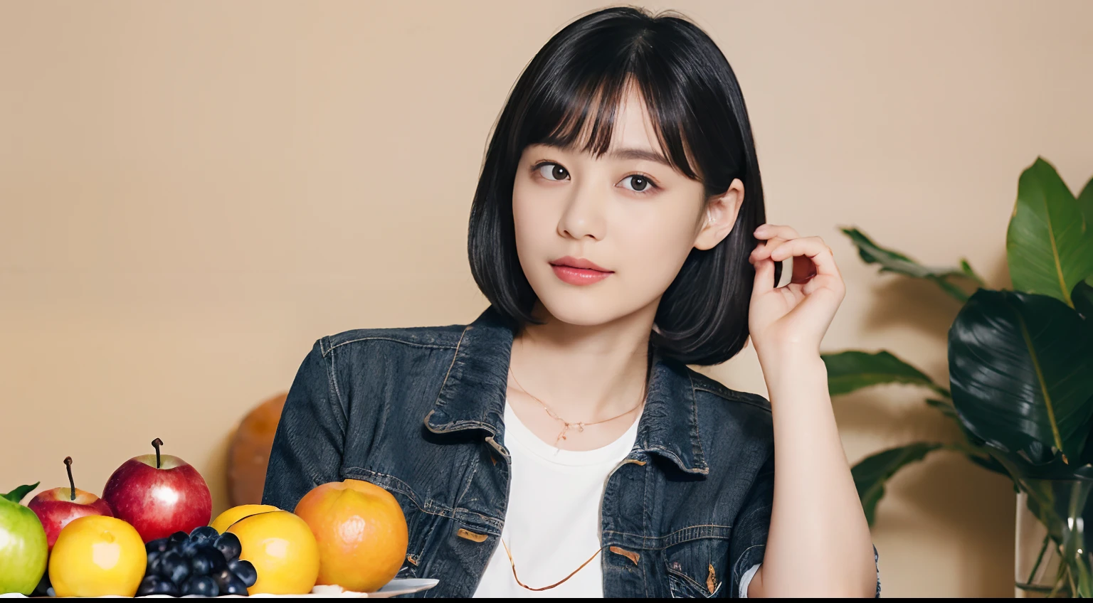 (Black Shorthair:1.2),  (a 20 yo woman), (A hyper-realistic), (Masterpiece), (8KUHD), Looking at the camera, jeans, (Clothes with fruit pattern), large full breasts, (Fruit in the hair), living dining