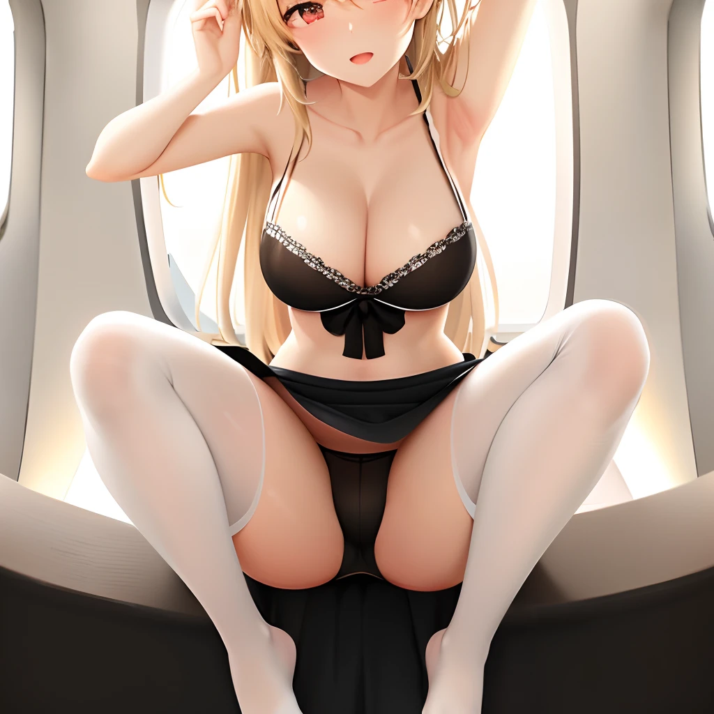 Alets on a plane with a woman in a skirt and stockings, bottom angles,,thighhighs and skirt,low - level view,, On the runway, low - level view,, perfect angle, Beautiful angle,