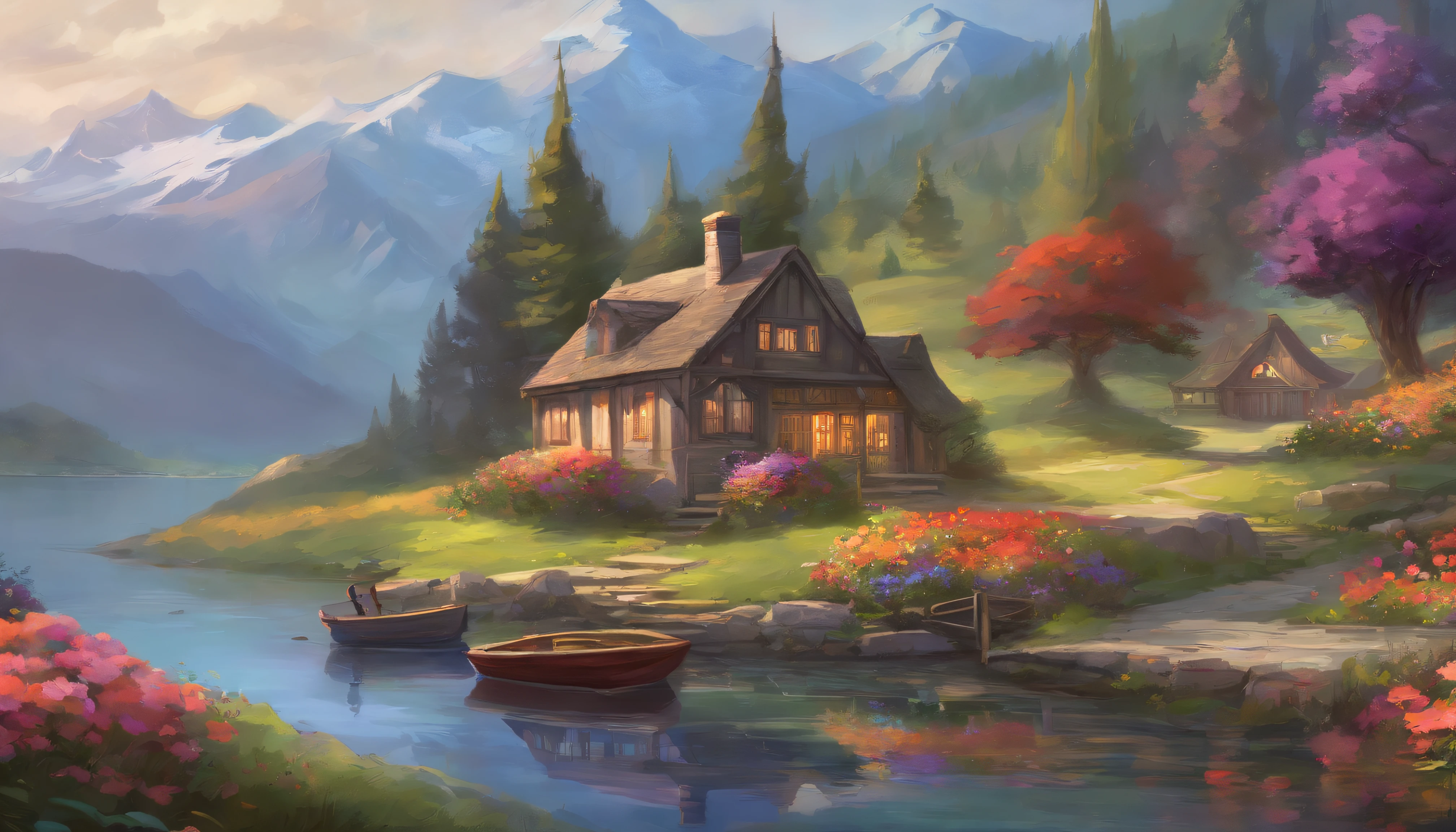 painting of a cottage, flowers beside of fence, fence along the road,  mountain landscape with a lake and a boat, illustration matte painting,  inspired by Thomas Kinkade, symmetric matte painting, detailed scenery , style raw, 8 k ultra detailed