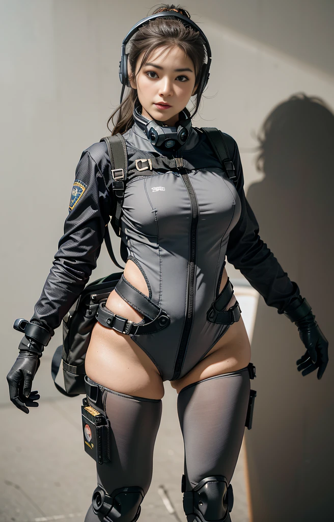 Highest image quality, outstanding details, ultra-high resolution, (realism: 1.4), ((close up:0.75)), highly condensed 1lady, with beautiful and a delicate face, perfect proportion, (Kicking To Viewer), (chubby:0.3, small breasts), (wearing racing suit likes police uniform, black and gray mecha, wearing high-tech headset, military harness, holding a machinegun, carrying hich-tech-backpack on back), captain, background simple gray wall,