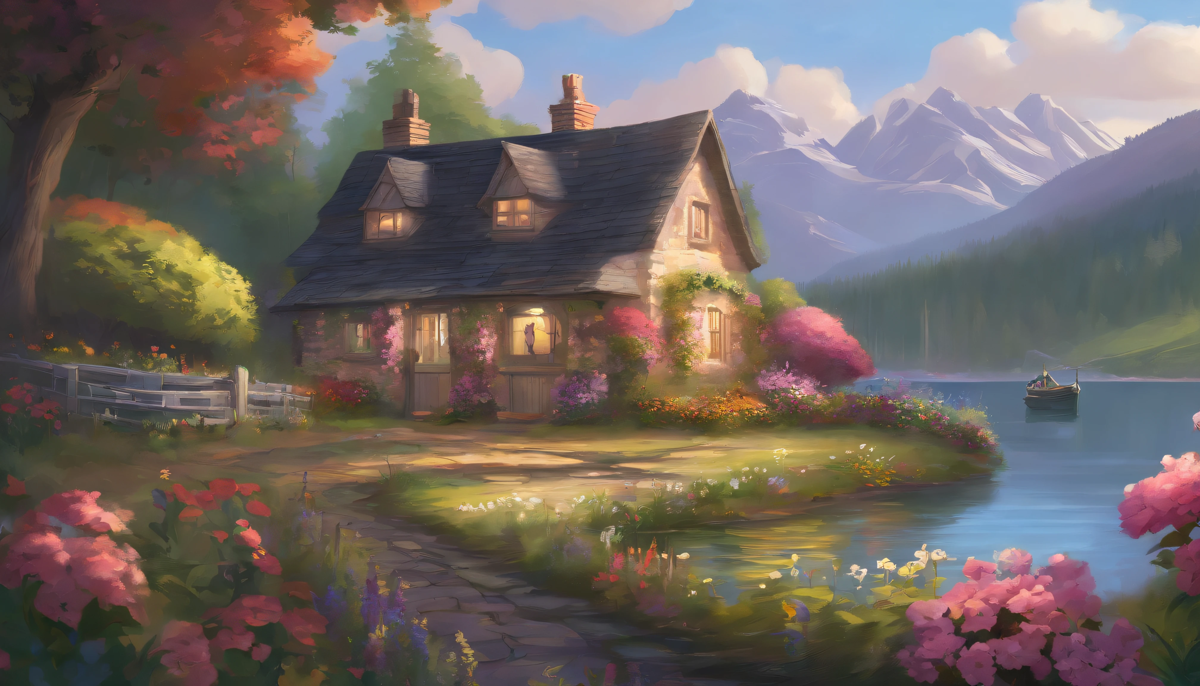 painting of a cottage, flowers beside of fence, fence along the road, mountain landscape with a lake and a boat, illustration matte painting, inspired by Thomas Kinkade, symmetric matte painting, detailed scenery , style raw, 8 k ultra detailed