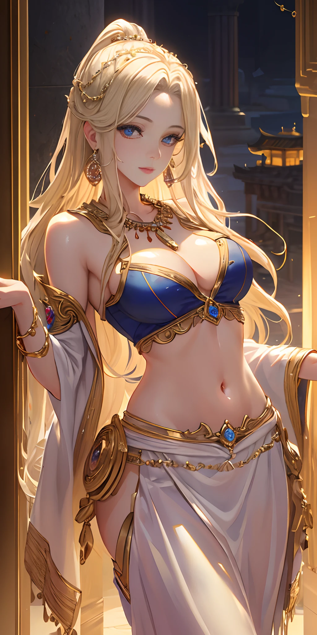 Skyland temple, (photorealistic:1.4), (masterpiece, front lighting, finely detailed beautiful eyes: 1.2), masterpiece*portrait, realistic, 3d face, glowing eyes, shiny hair, lustrous skin, solo, embarrassed, (midriff), absolute_cleavage, necklace, sapphire_earrings