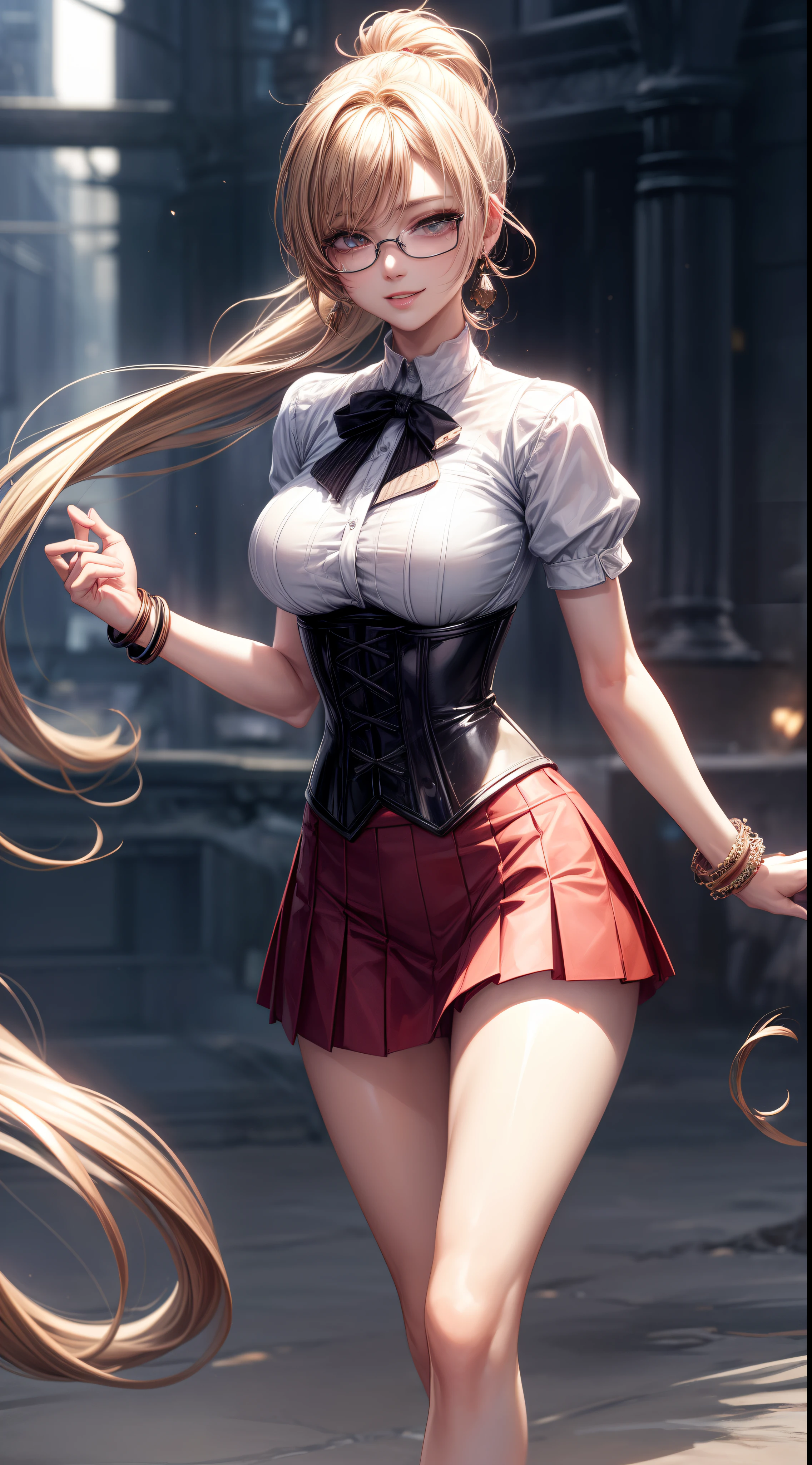 ((best quality)), ((masterpiece)), (detailed), perfect anatomy, highly detailed hands, highly detailed human ears, highly detailed face, highly detailed eyes, highly detailed nose, highly detailed mouth, highly detailed hair, highly detailed skin,a 1 girl,long straight blond hair,sky-blue eyes,athletic,self-confident smile,a single red rose as an hair ornament,coral color lipstick,white tight wet shirt,short sexy black pleated skirt,dynamic sexy pose, in bedroom, portrait,highly detailed,masterpiece,photorealistic,8k,ultra-detailed,dramatic lighting,intricate details,elegant,aristocratic,regal,noble,confident,powerful,imposing,dramatic, all image in sharp focus, full body wide shot