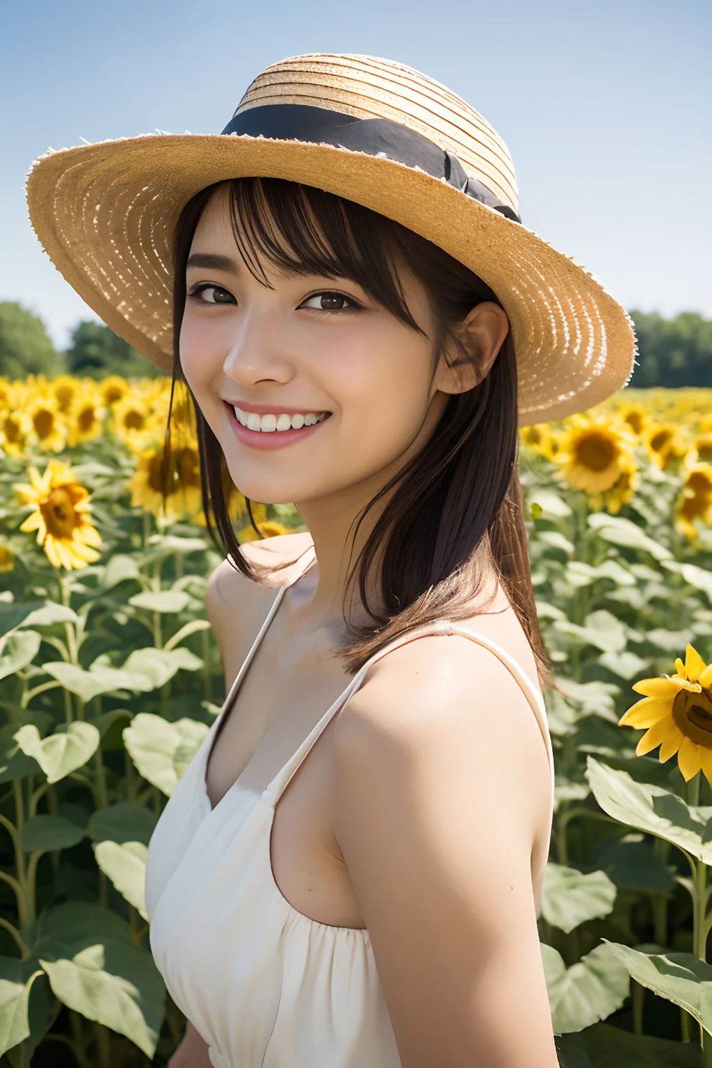 Highest quality,master piece,incredibly absurdres,high resolution,lens flare,a girl, one girl,solo focus,alone,full body,perfect anatomy,8k,a girl, one girl,solo focus,alone,Japanese women,26 years old,clear,Transparent,Clean and fresh,beautiful,White skin,Beautiful eyes,Detailed eyes,smile,teeth,lomg straight hair(brown),Large Breasts,one piece,Straw hat,The background is a flower field,blue sky,White cloud,one girl