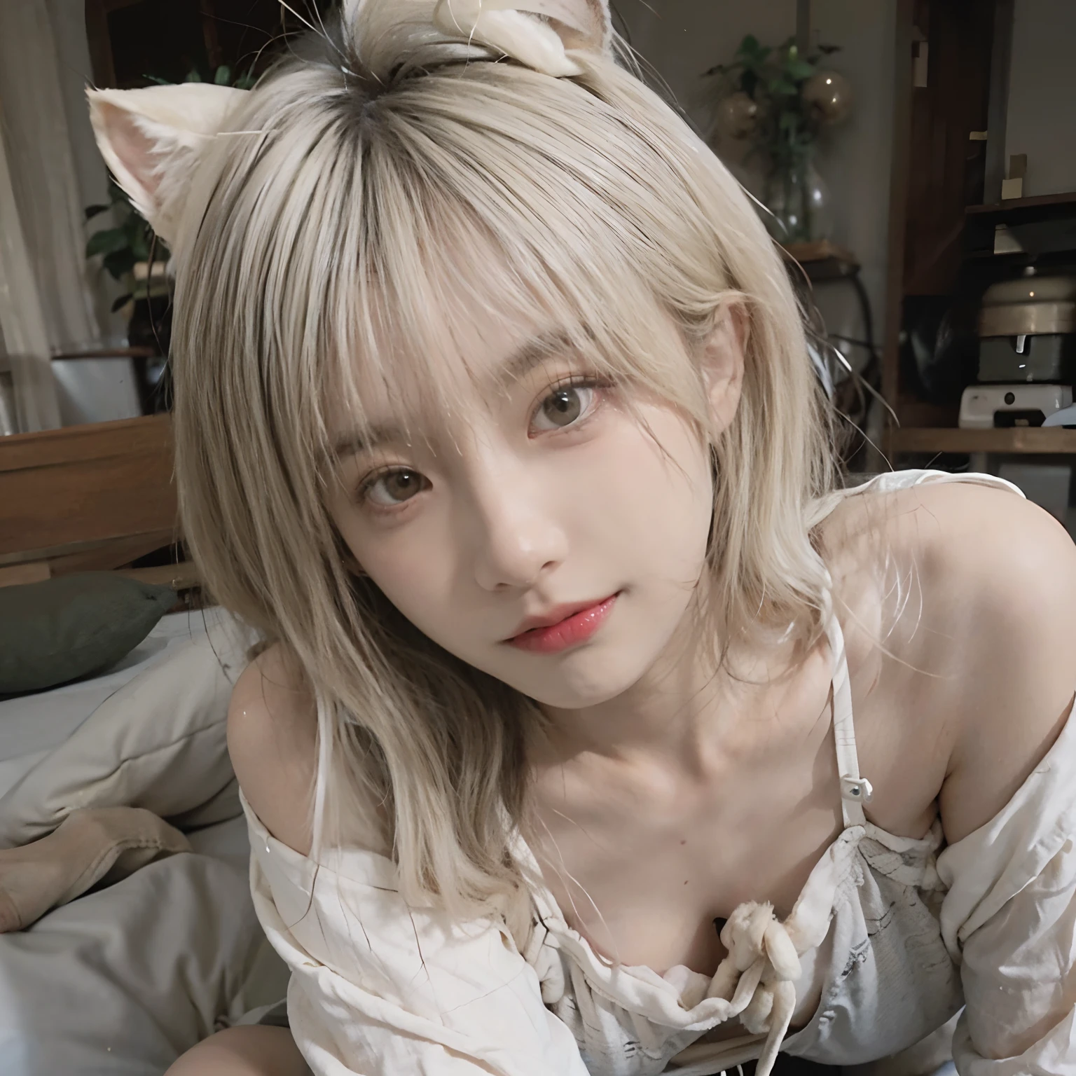 8K,((NSFW))、(Sexy poses collection)、((in one's underwear only))、(((Cream hair color))) 、undersized head、Best Quality, masutepiece, Ultra High Resolution, (Realism: 1.4), Original photo, (True skin texture: 1.3), (Film grain: 1.3), Beautiful eyes and face details, masutepiece, Best Quality, close up, Full body、short-cut、18year old、Cream-colored cat ears