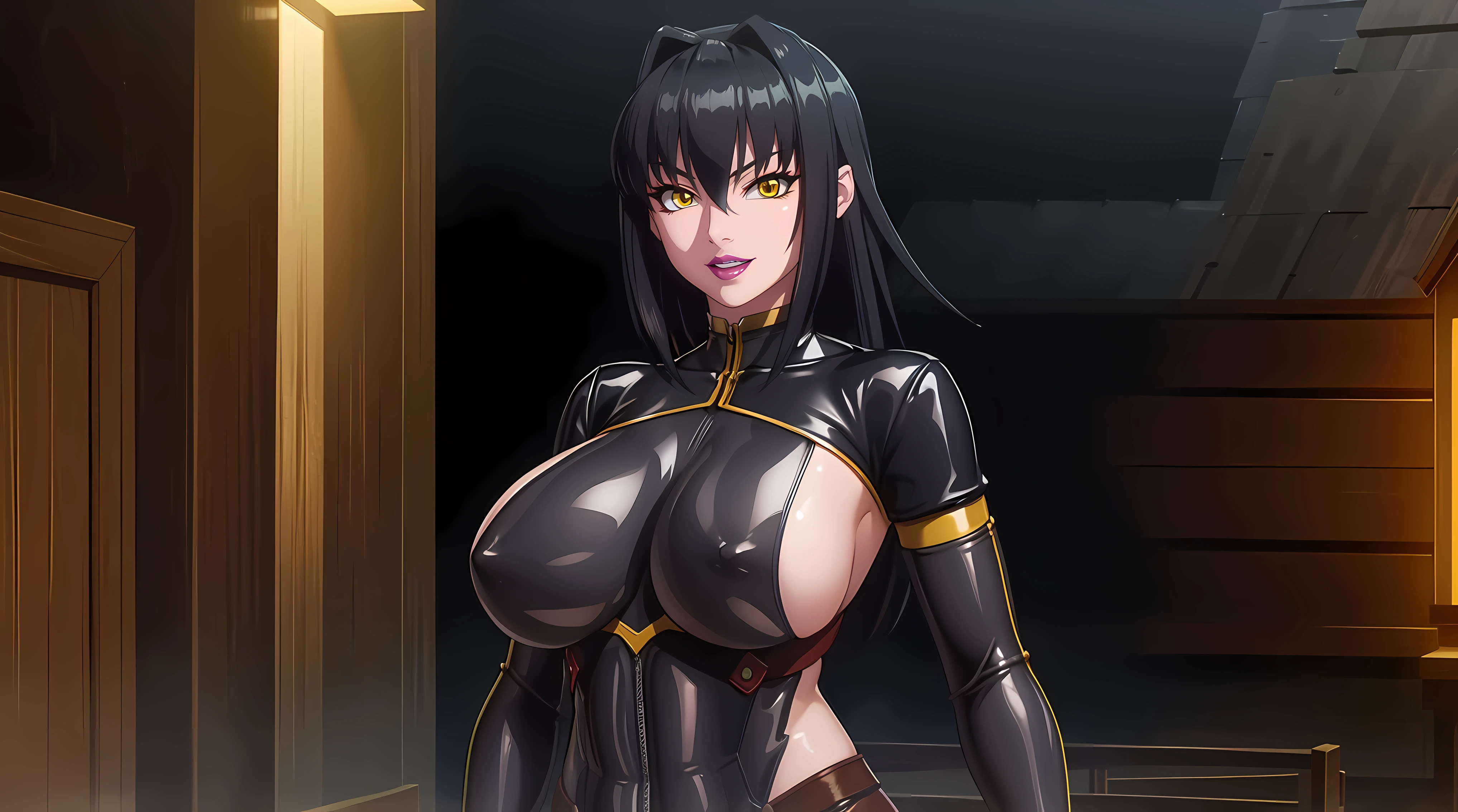 (masterpiece:1.4),(best quality:1.4),  soft lighting, cinematic bloom, beautiful face, beautiful eyes, cowboy shot,
Annerose, 1girl, solo, female mature, black hair, long hair, (yellow eyes:1.4), large breasts, bodysuit, higheels, shiny clothes, skin tight, hair intakes, covered breasts, sideboob, exquisite eyes detail, exquisite character design unity details 8k hdr, professional art, landscape, (solo:1.5, cowboy shot:1.5)