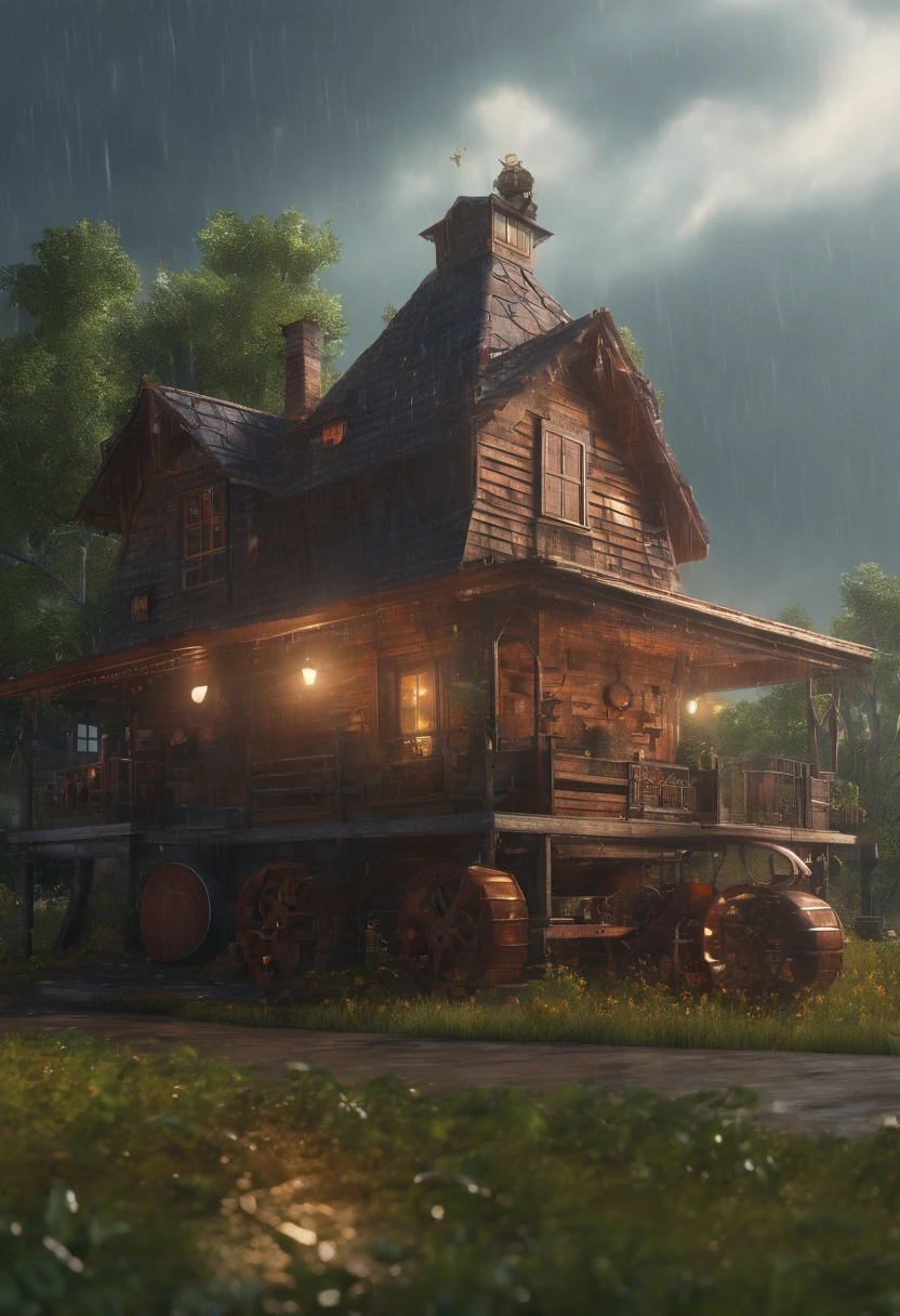 A steam punk farm house with rain pouring down