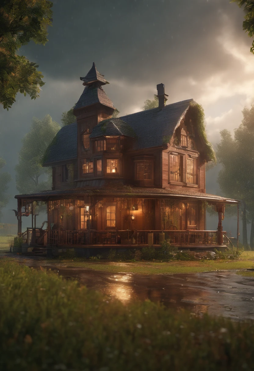 A steam punk farm house with rain pouring down