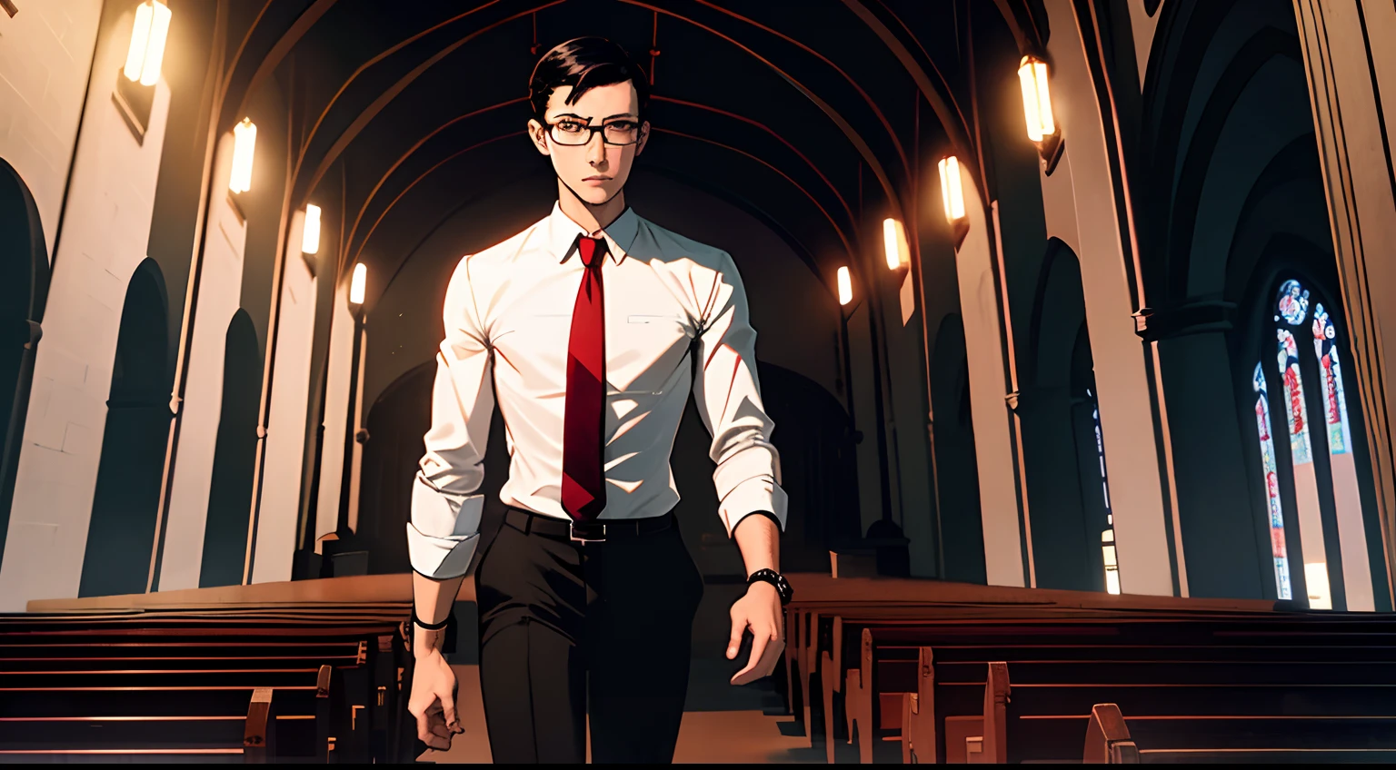 skinny guy, short black hair, glasses, wearing a white shirt, red tie, walk inside the church, gotham city church, night time