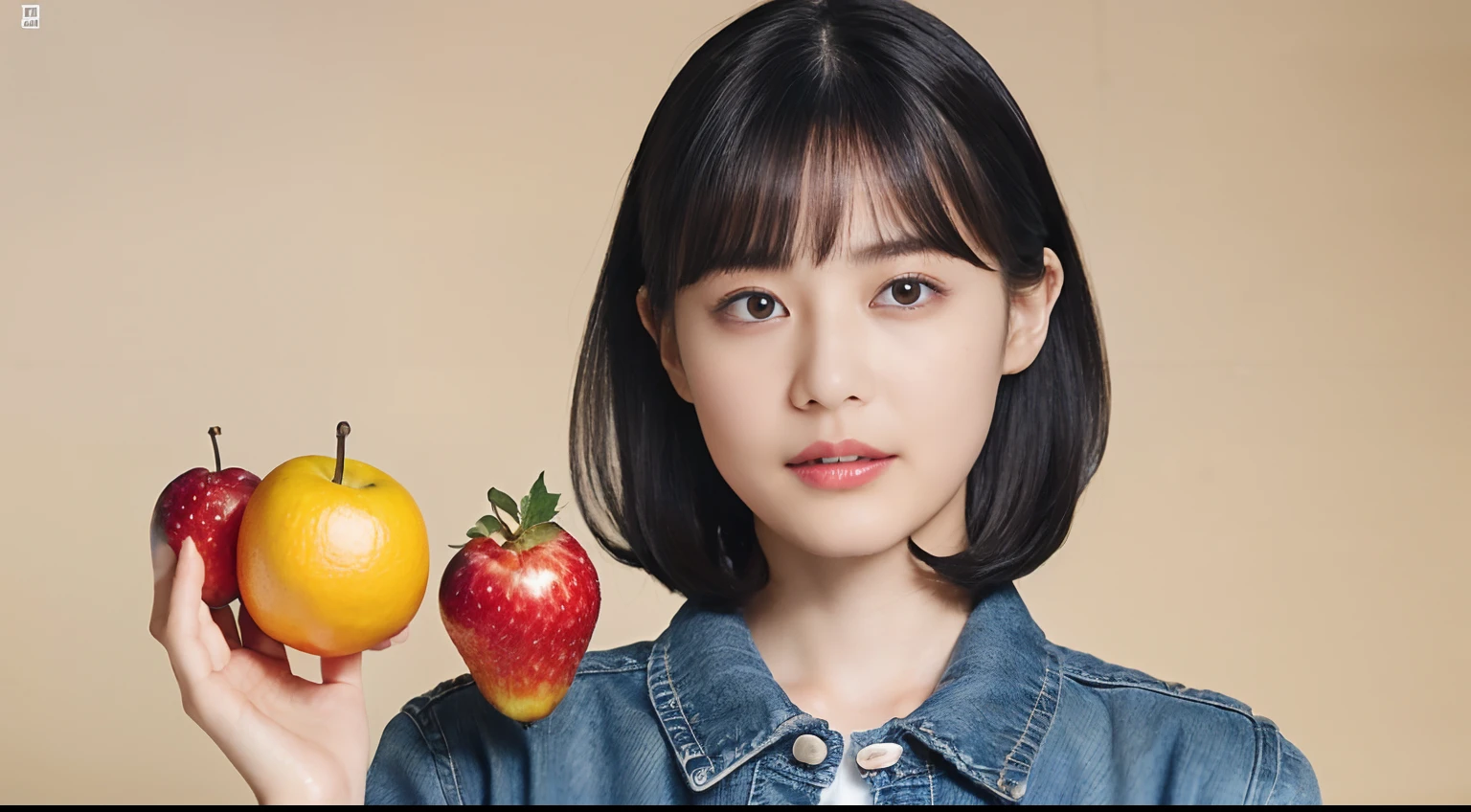 (Black Shorthair:1.2),  (a 20 yo woman), (A hyper-realistic), (Masterpiece), (8KUHD), Looking at the camera, jeans, (Clothes with fruit pattern), large full breasts, (Fruit in the hair), living dining