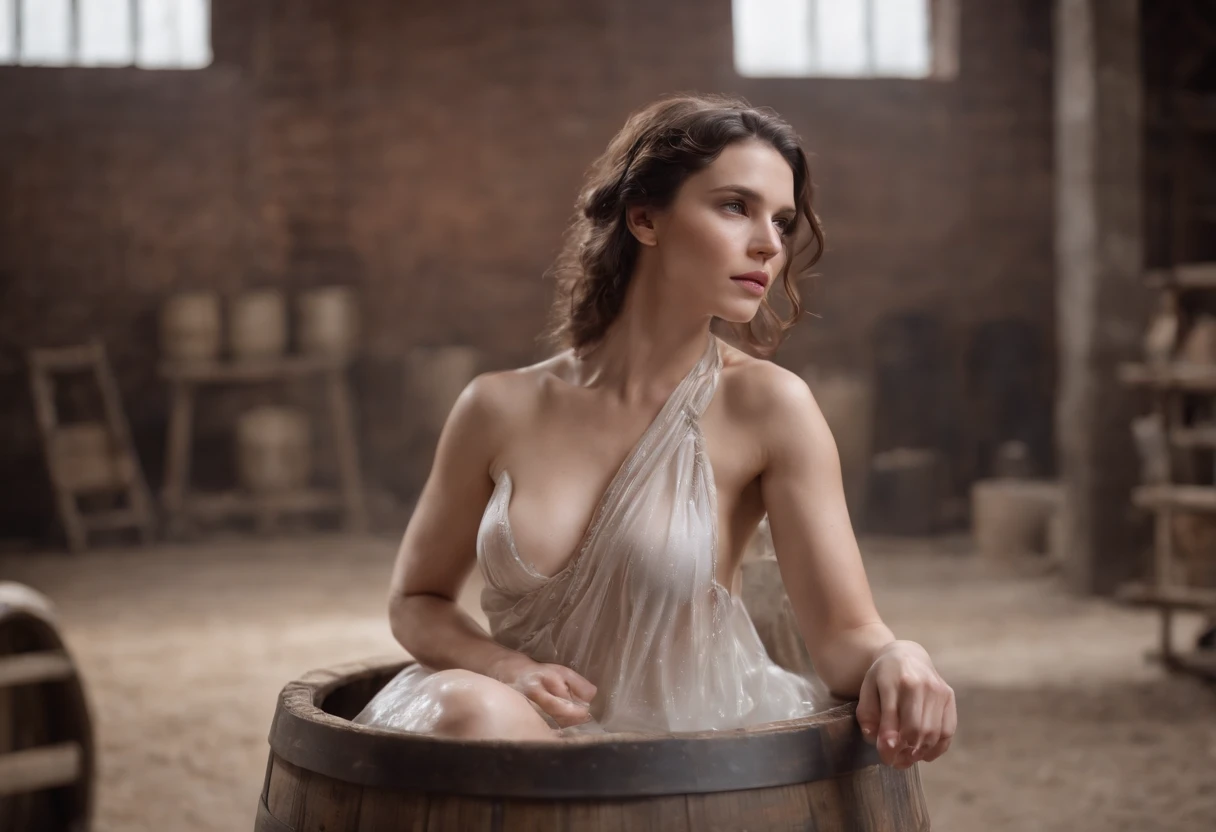 roman woman, sitting on a barrel, inside a warehouse, topless, transparent skirt, drinking milk, wet body