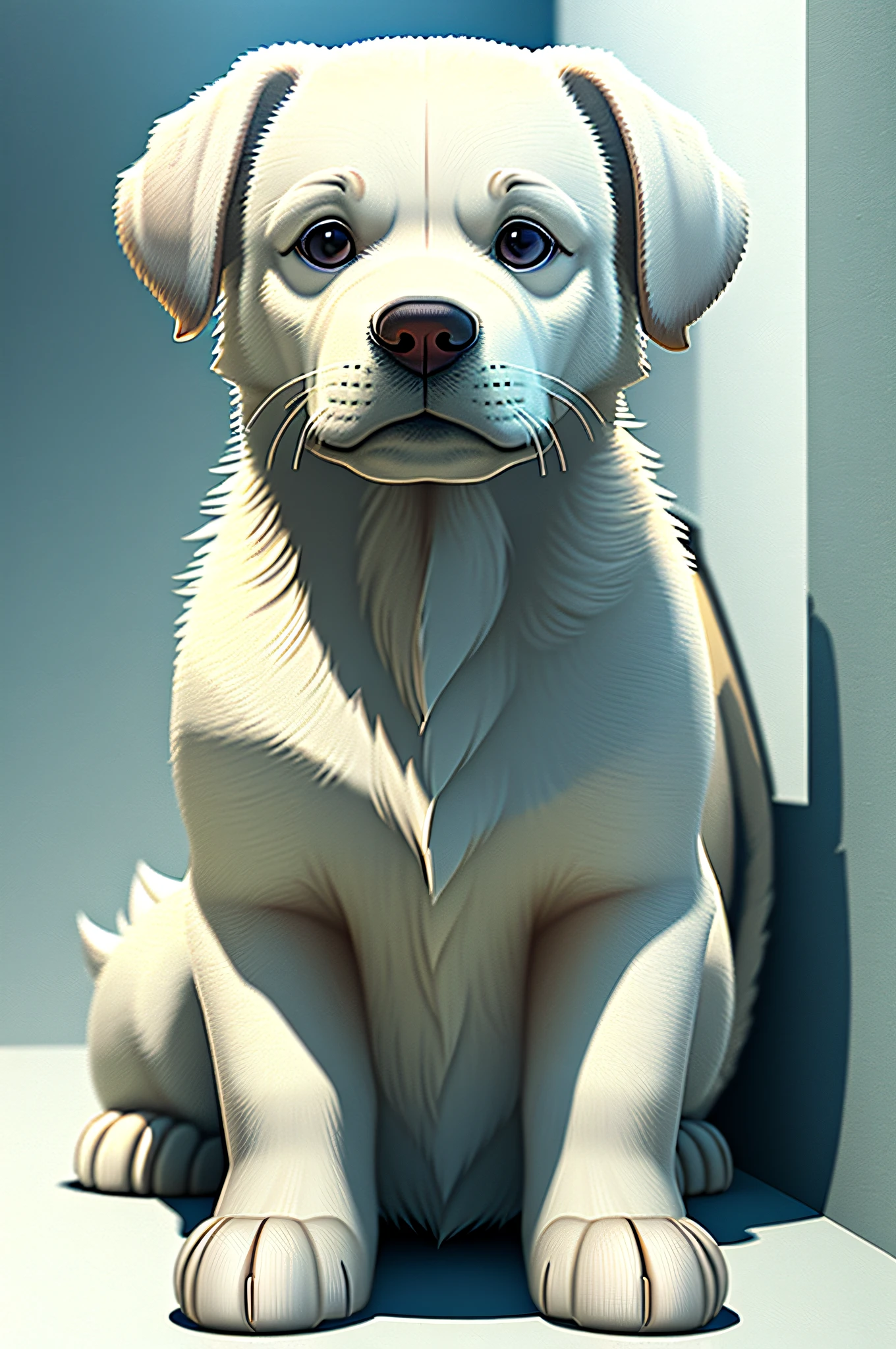 Ultra Hi-Vision 3D、Shows a touching scene of a white Labrador retriever. White Labrador Hound, Beautiful rendering details. The overall atmosphere is calm, Full of hope and tranquility. White background,