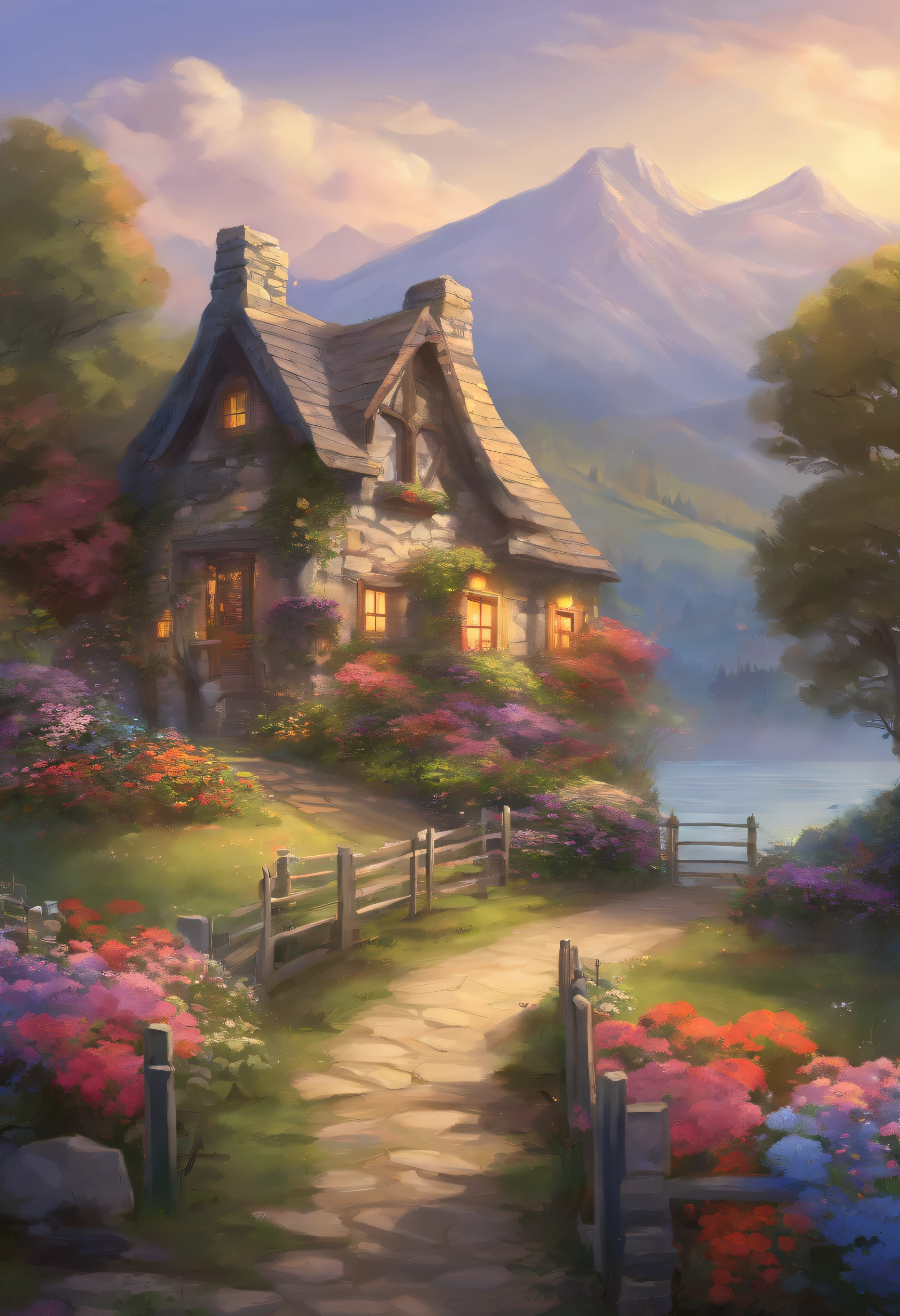 painting of a cottage, flowers beside of fence, fence along the road,  mountain landscape with a lake and a boat, illustration matte painting,  inspired by Thomas Kinkade, symmetric matte painting, detailed scenery , style raw, 8 k ultra detailed