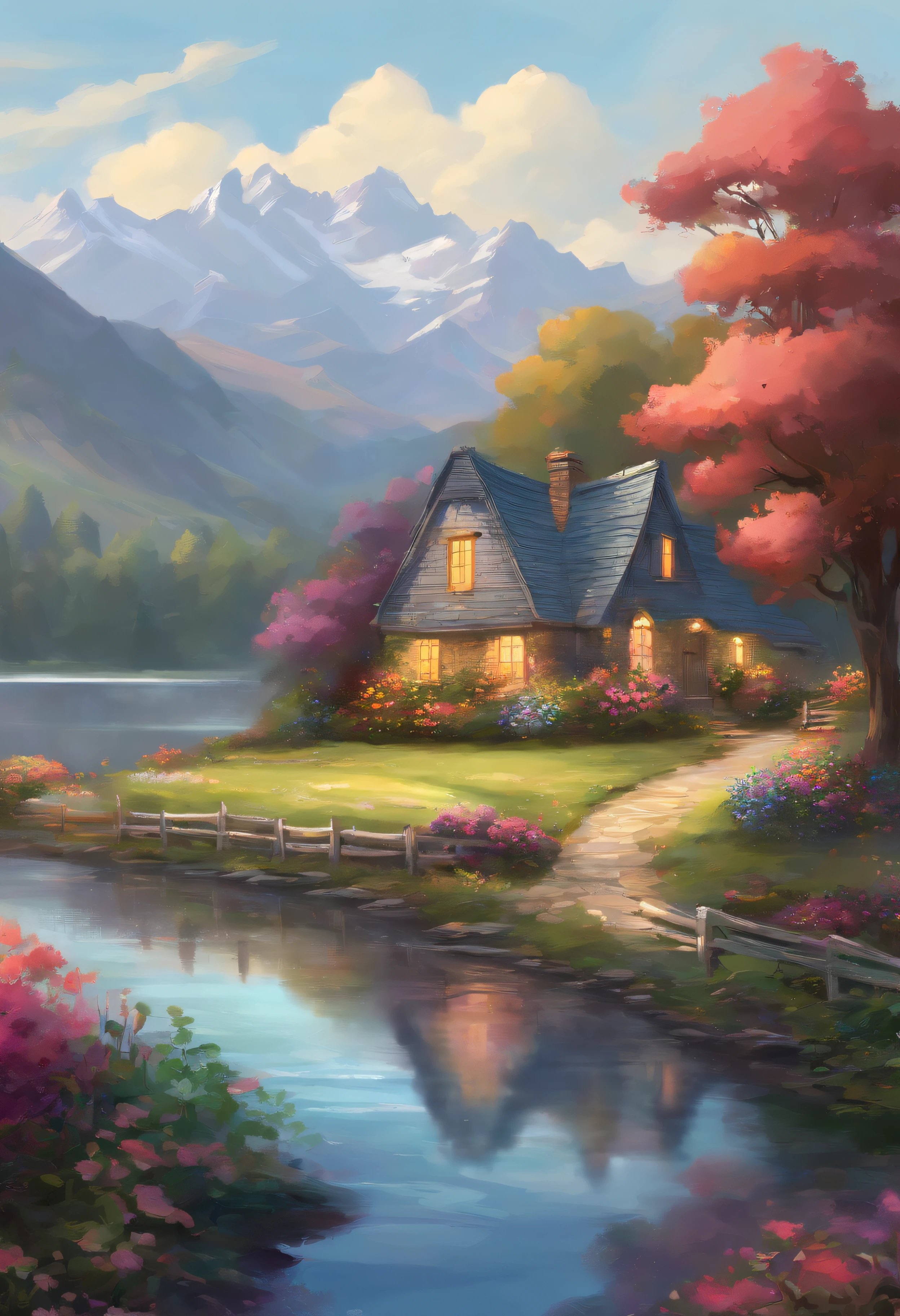 painting of a cottage, flowers beside of fence, fence along the road, mountain landscape with a lake and a boat, illustration matte painting, inspired by Thomas Kinkade, symmetric matte painting, detailed scenery , style raw, 8 k ultra detailed
