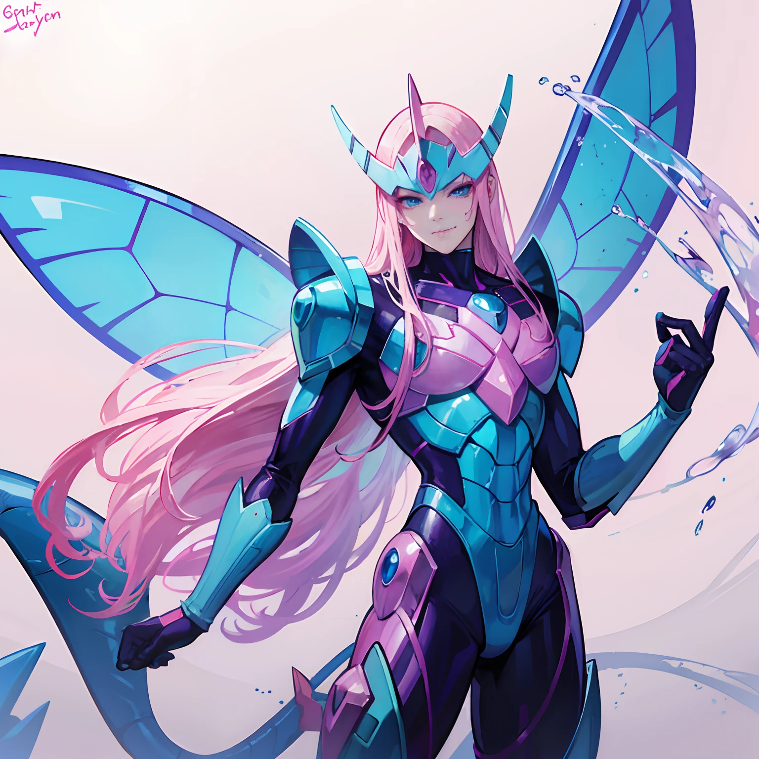 Hot, beautiful insect butterfly man, Guyver style, evil smile, scaraber reploid, bellows tail, cel shade adult animation, alien king , Long pink hair