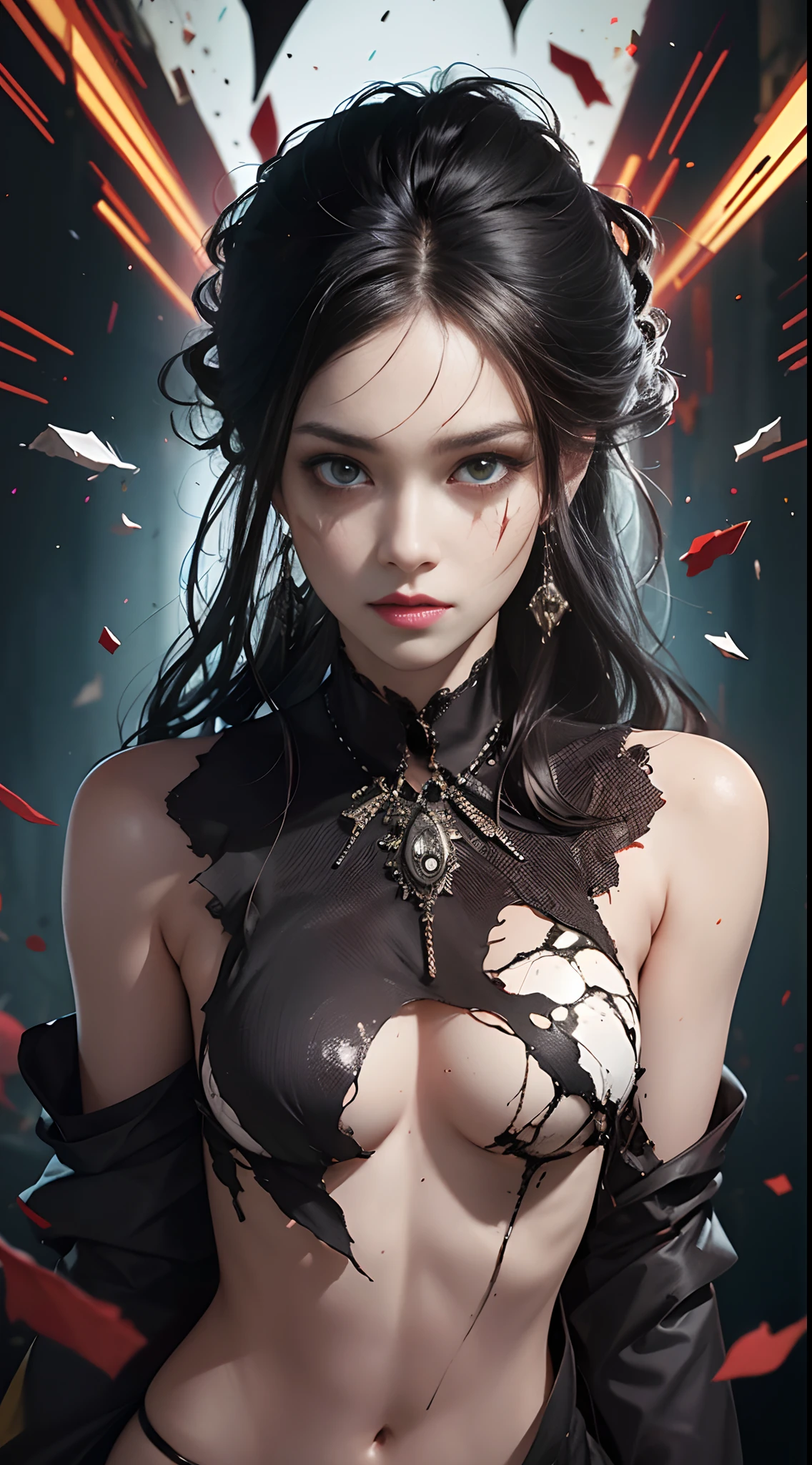 (Best Quality,4K,High resolution), human wolf,(Best Quality,4K,High resolution),Jet black hair on a black body, Body covered with hair all over the body, transform,An abnormal,sharp eye,Red glowing eyes,Facial expression enhancement,,Changing the Appearance of a Transform,beast,Beastification,buttle,Delicate illustrations drawn in detail,Realistic skin texture expression,Realistic portrayal,Vibrant colors,expresive,Classic background(Best Quality,4K,High resolution), Comical appearance,(Best Quality,4K,High resolution), 18yo woman, Red highlights on black hair, Long hair, Straight hair, Cool Woman,Wolfification of a man,Cold eyes ,sharp eye,Intricately decorated ripped clothes,comic strip,animesque,Comical illustration,busy,Deformed cute illustration,Full body projection,Fighting,Halloween,Dark worldview