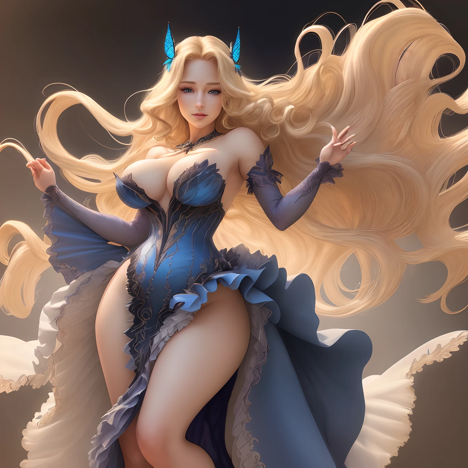 best quality,ultra-detailed,photorealistic,portrait,soft lighting,vibrant colors,blonde hair flowing in the wind,wavy locks framing her face,stunningly detailed blue eyes,luscious lips with a hint of a smile,elegant ojousama dressed in a stylish and revealing comic-inspired outfit,breathtakingly proportioned  that enhance her captivating presence,an enchanting butterfly hair ornament delicately adorning her flowing hair,provocatively dressed with no bra, and the dress revealing her alluring figure, wearing high heels that accentuate her graceful posture,chains delicately draping around her, adding a touch of mystery and allure to her image.