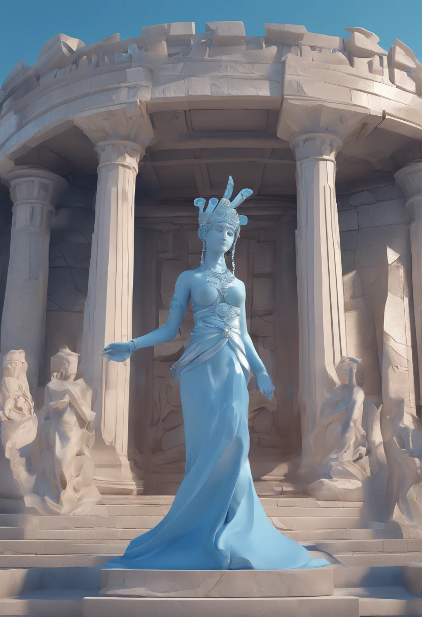 (A stone statue of a gray girl:1.3),(gray colored skin:1.8),(There are a large number of blue gemstones on the surface of the stone statue:1.52),(The surface of the statue is smooth:1.3),(The surface of the statue is broken:1.28),(Naked:1.35),(There are no ornaments on the body:1.3),(don't have clothes:1.2),Cute anime style 3D girl rendering,high detal,high qulity,4K,tmasterpiece,anatomy correct,(shapely body:1.25),The expression was desperate and surprised,Open your mouth slightly,Delicate long hair,silber hair,In the background is a dim ancient Greek temple with many white naked carvings,Spooky and terrifying,(The background is darker:1.2),The statue has no bottom