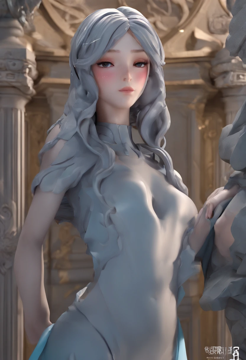 (A stone statue of a gray girl:1.3),(gray colored skin:1.8),(There are a large number of blue gemstones on the surface of the stone statue:1.52),(The surface of the statue is smooth:1.3),(The surface of the statue is broken:1.28),(Naked:1.35),(There are no ornaments on the body:1.3),(don't have clothes:1.2),Cute anime style 3D girl rendering,high detal,high qulity,4K,tmasterpiece,anatomy correct,(shapely body:1.25),The expression was desperate and surprised,Open your mouth slightly,Delicate long hair,silber hair,In the background is a dim ancient Greek temple with many white naked carvings,Spooky and terrifying,(The background is darker:1.2),The statue has no bottom