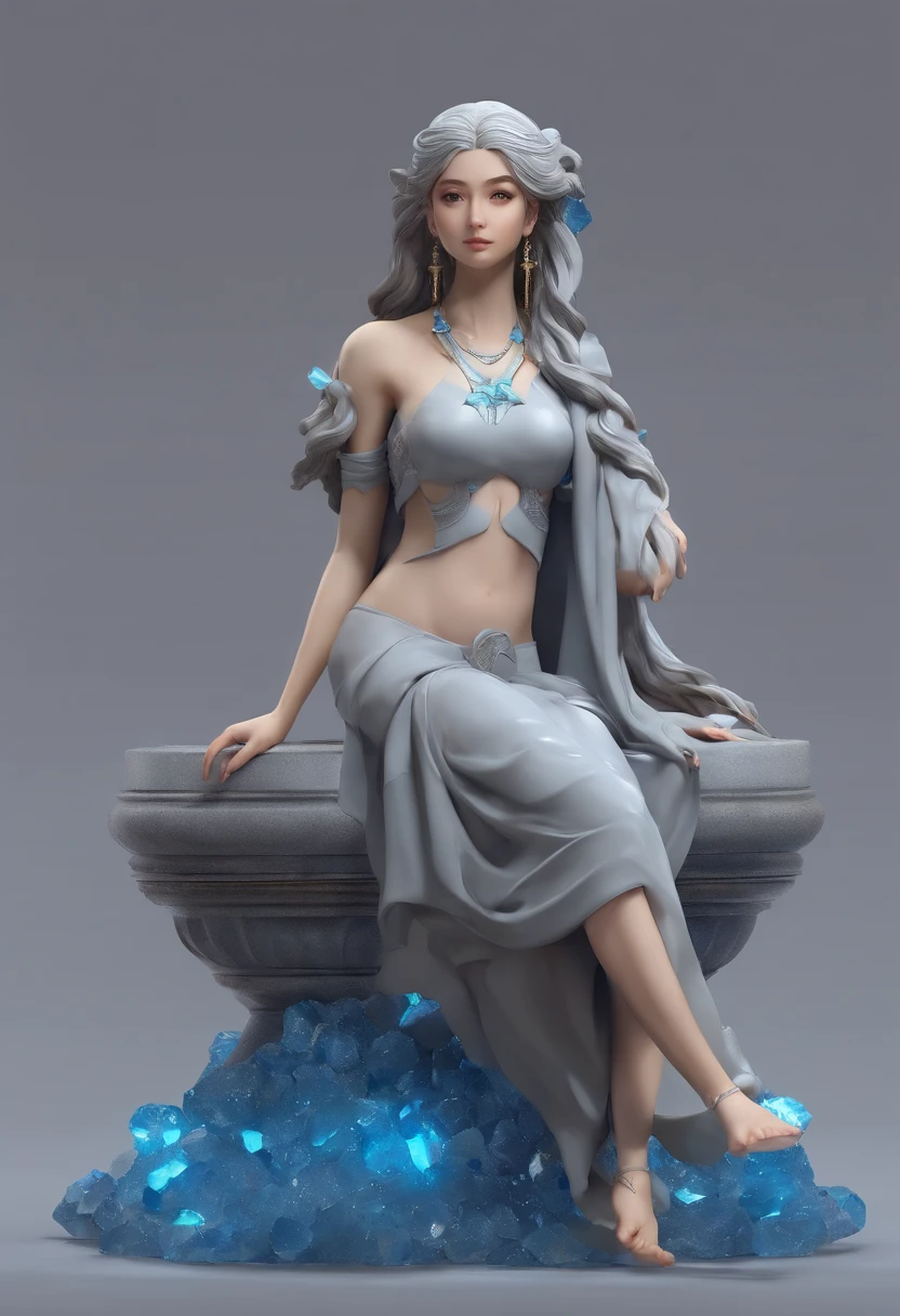 (A stone statue of a gray girl:1.3)，(gray colored skin:1.8)，(There are a large number of blue gemstones on the surface of the stone statue:1.52)，(The surface of the statue is smooth:1.3)，(The surface of the statue is broken:1.28)，(Naked:1.35)，(There are no ornaments on the body:1.3)，(don't have clothes:1.2)，Cute anime style 3D girl rendering，high detal，high qulity，4K，tmasterpiece，anatomy correct，(shapely body:1.25)，The expression was desperate and surprised，Open your mouth slightly，Delicate long hair，silber hair，In the background is a dim ancient Greek temple with many white naked carvings，Spooky and terrifying，(The background is darker:1.2)，The statue has no bottom