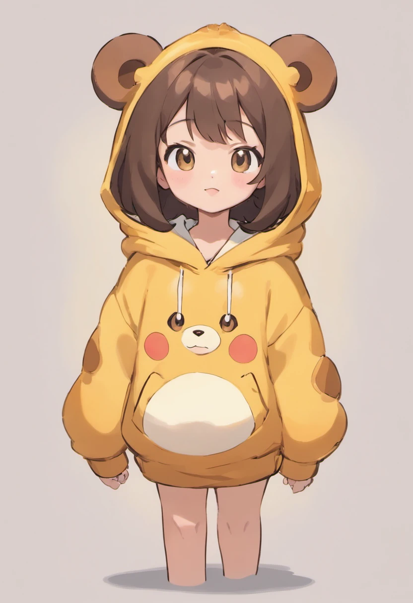 A six year old daughter with dark brown hair and light brown eyes wearing a teddy bear hoodie