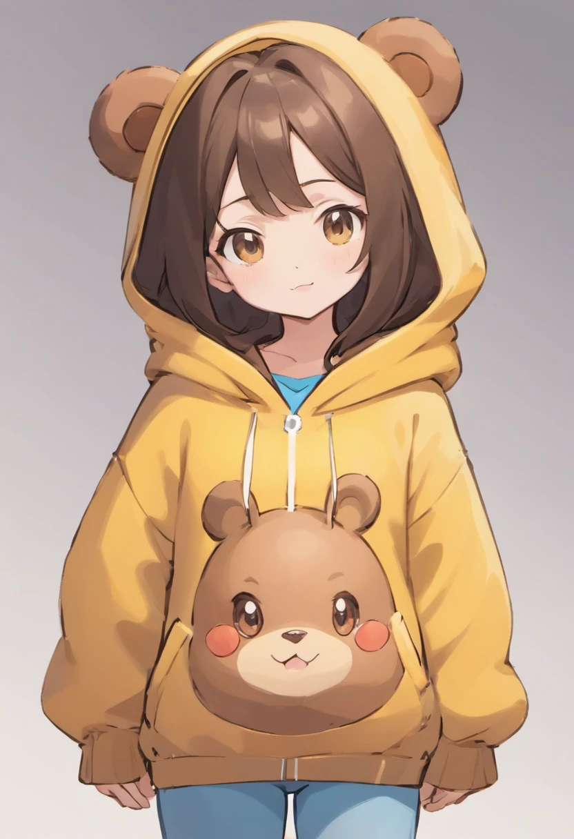 A six year old daughter with dark brown hair and light brown eyes wearing a teddy bear hoodie